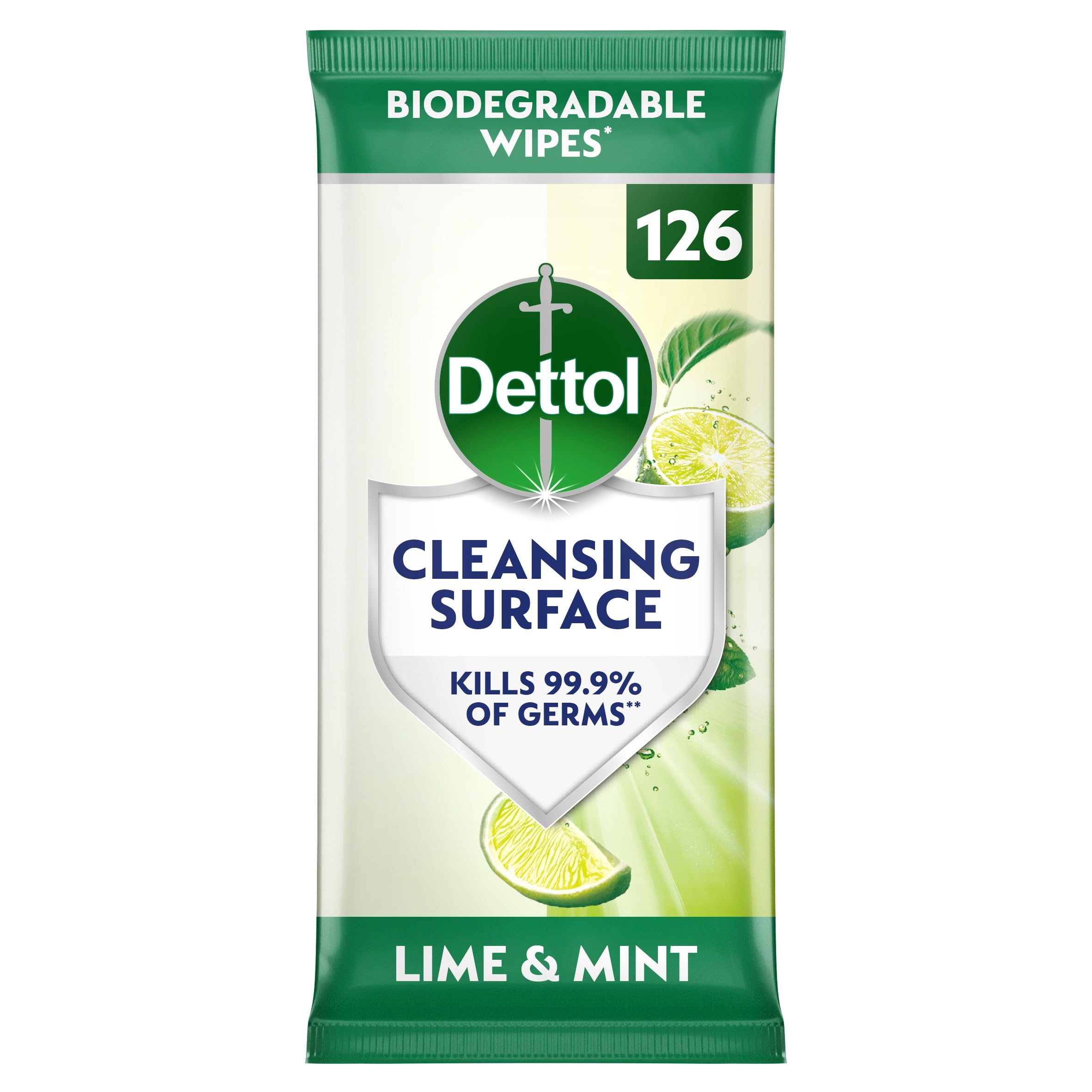 Dettol Antibacterial Surface Wipes, Lime and Mint Scent, Bleach Free, 126 Count 1