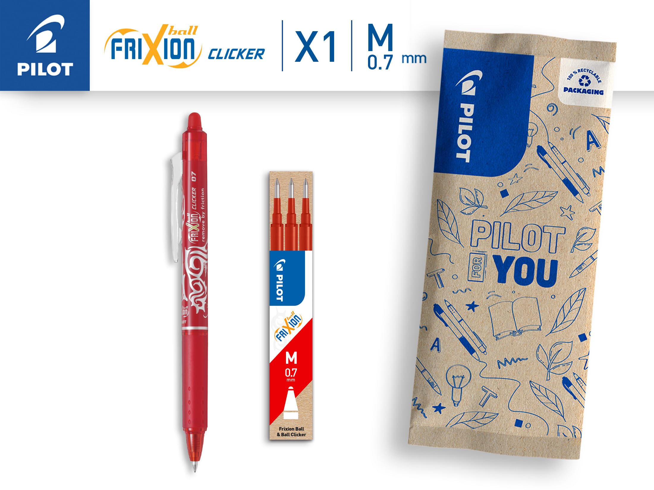 PILOT FriXion Ball Clicker Erasable Gel Rollerball Pen Set - Medium 0.7mm Tip | 1 Red Pen, 3 Refills 3