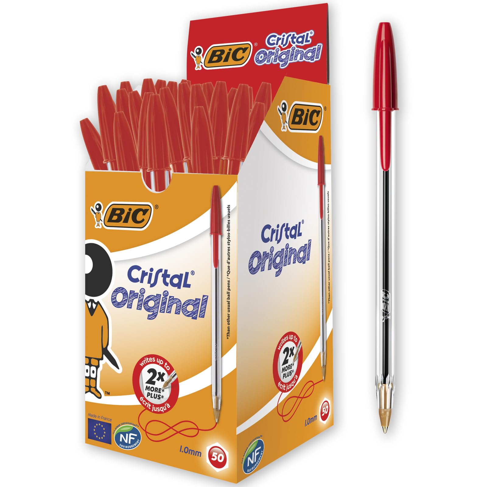 BIC Cristal Original Ballpoint Pens, Medium Point (1.0mm), Every-Day Writing Pens With Clear Barrel, Red, Box Of 50 1