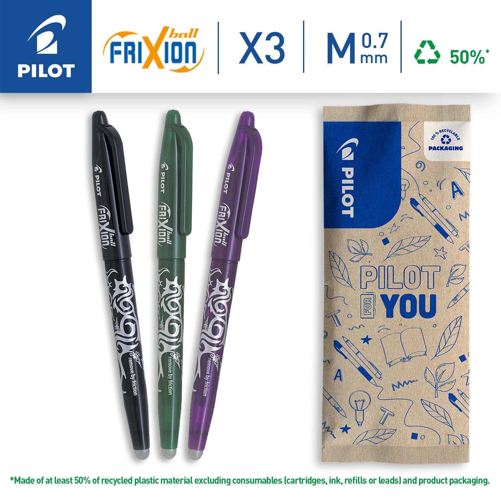 PILOT FriXion Ball Erasable Rollerball Pen - Medium 0.7mm Tip | Black, Green, Violet Ink | Pack of 1 2