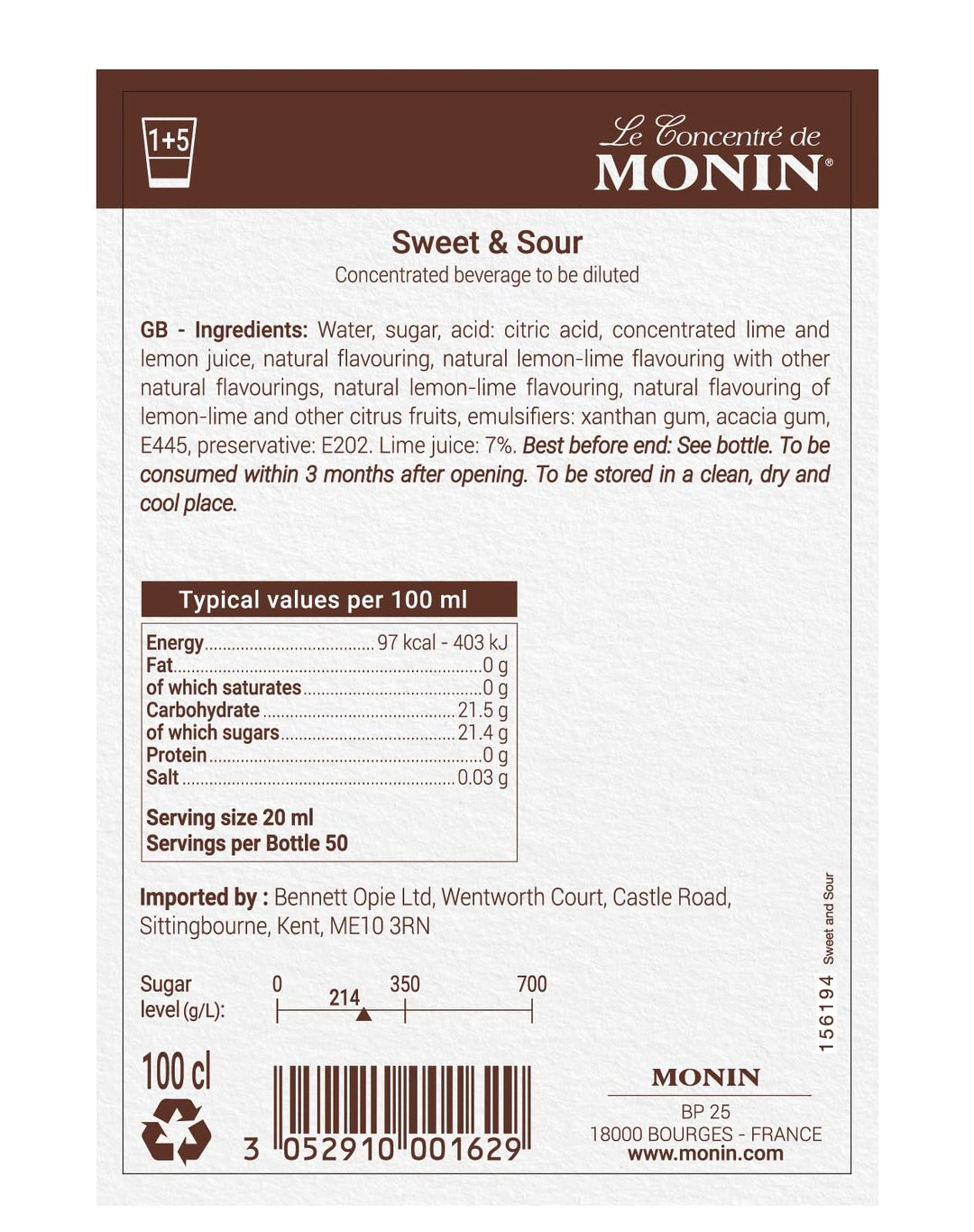 MONIN Premium Sweet and Sour Mix 1L - Lemon Lime Cocktail Syrup