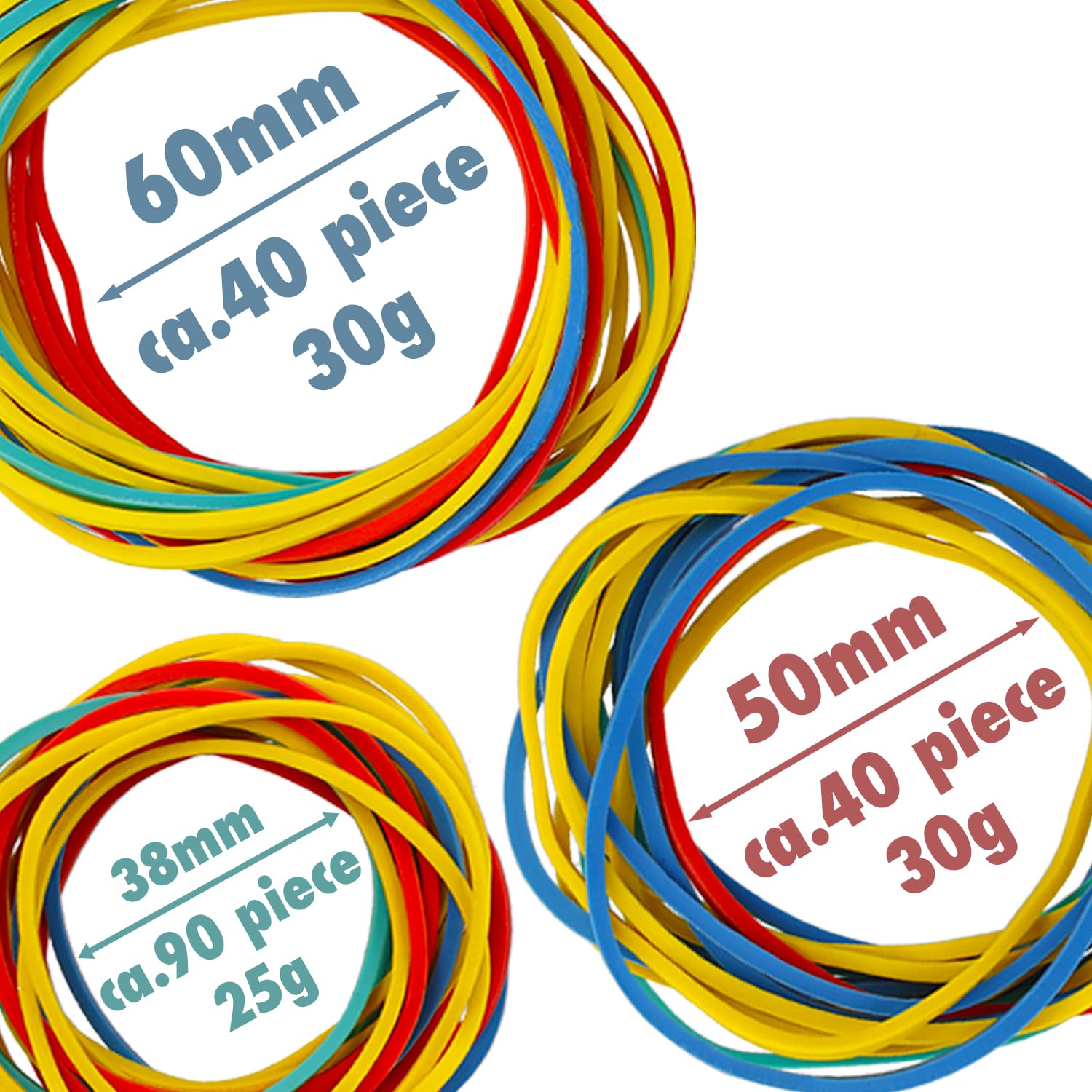 Westcott Rubber Bands - 80g Assorted Sizes & Colors in Resealable Box | 60mm, 50mm, 38mm