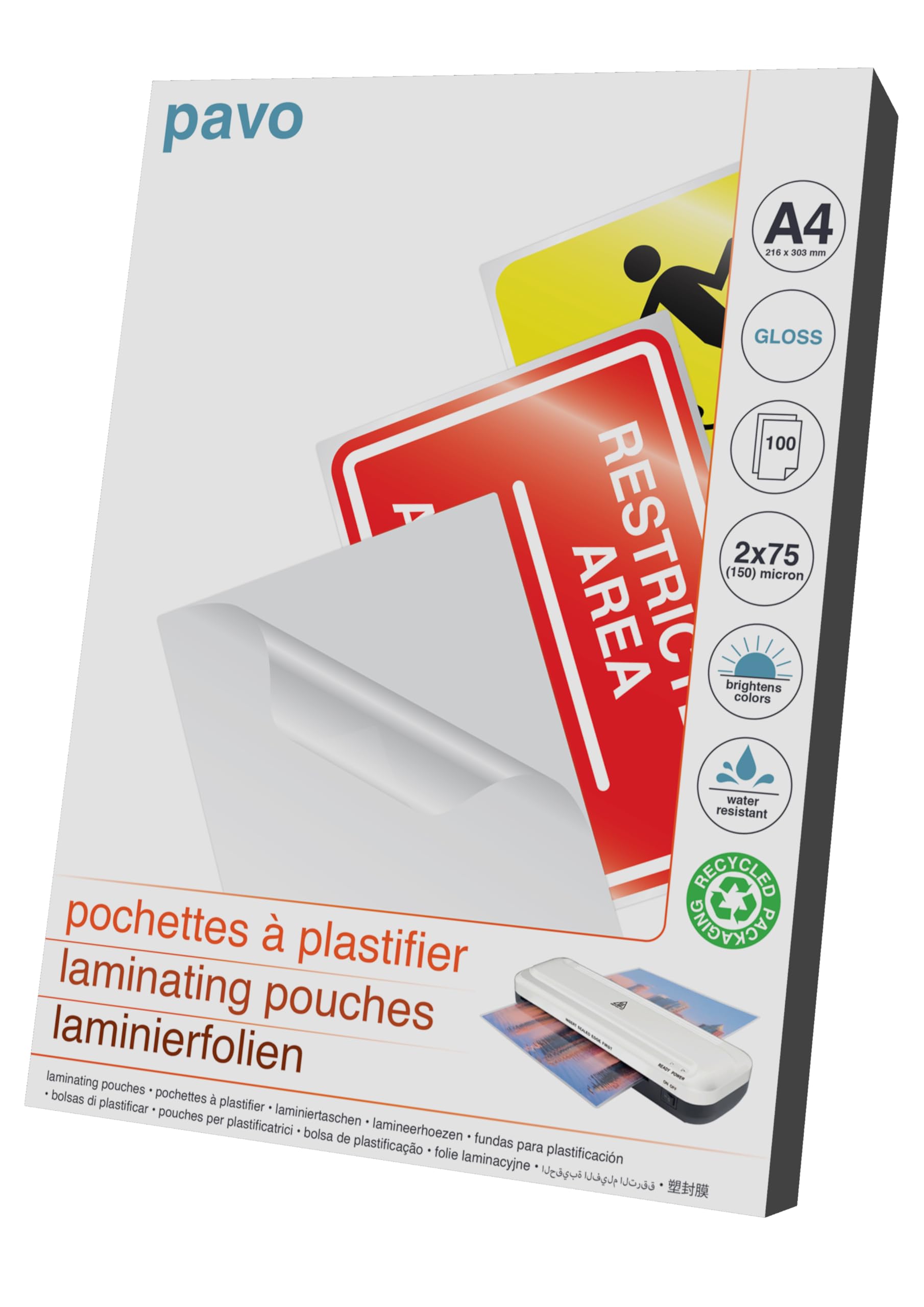 Pavo A4 Laminating Pouches 2x75 Micron (100 Pack) for Professional Glossy Finish