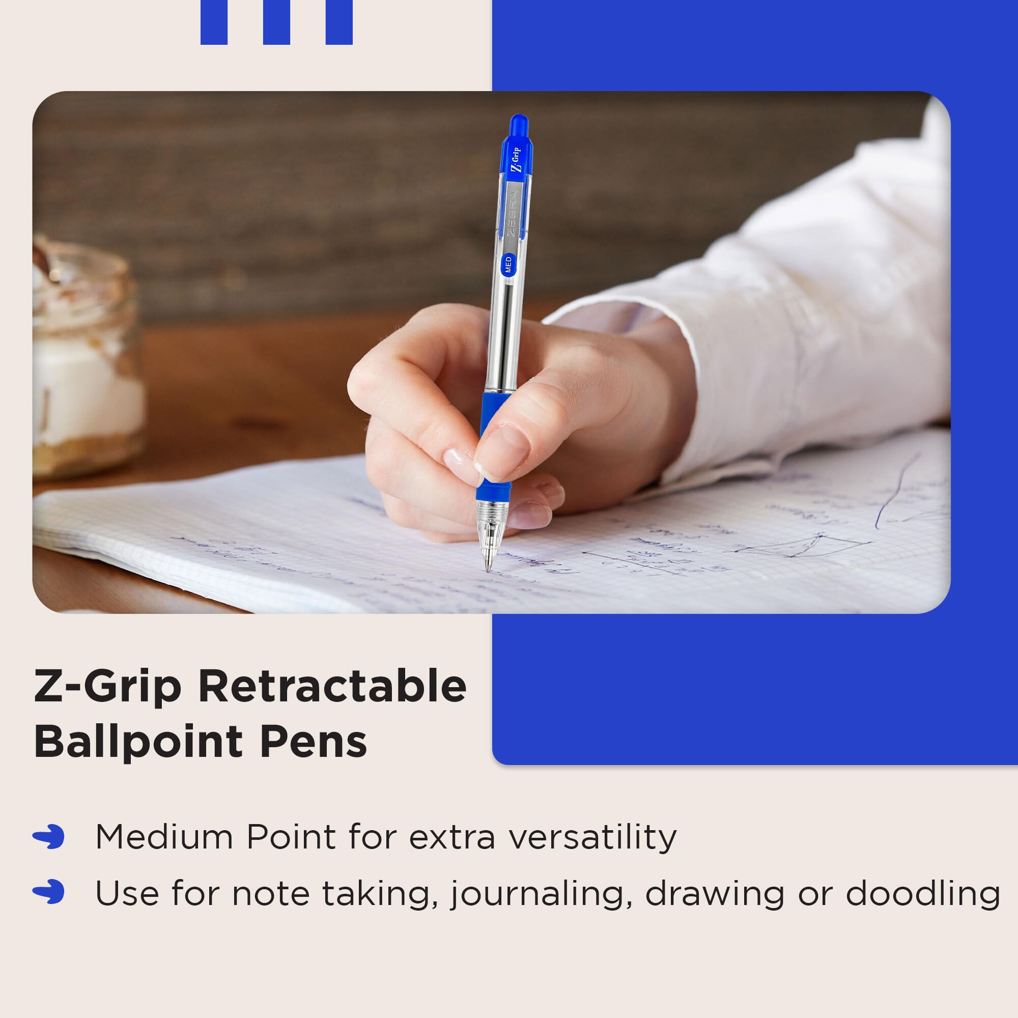 Zebra Pen Z Grip Retractable Ballpoint Pens - Blue Ink, Comfort Grip, Pocket Clip | 8 Pack 5