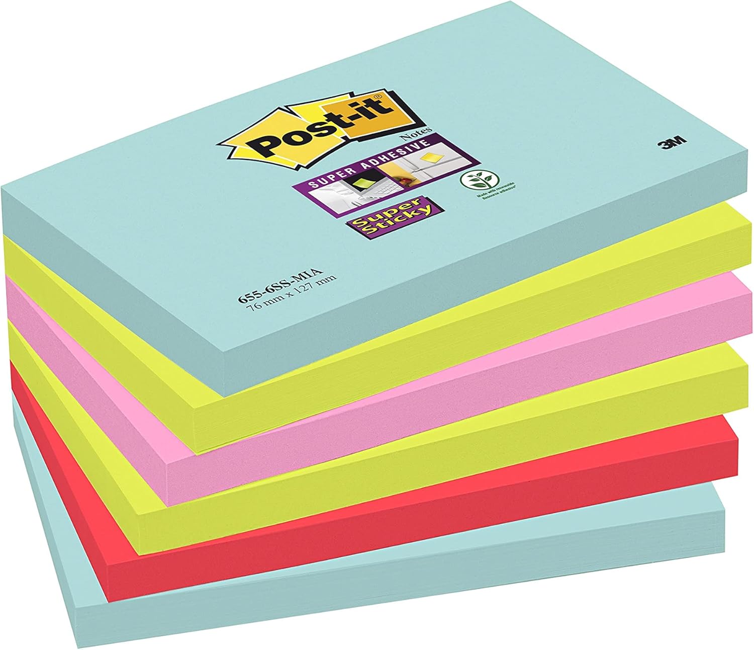Post-it Super Sticky Notes, Pack of 6 Pads, 90 Sheets/Pad, 76mm x 127mm, Ideal for Desk, Office, School and Memos, Miami Colour Collection 1