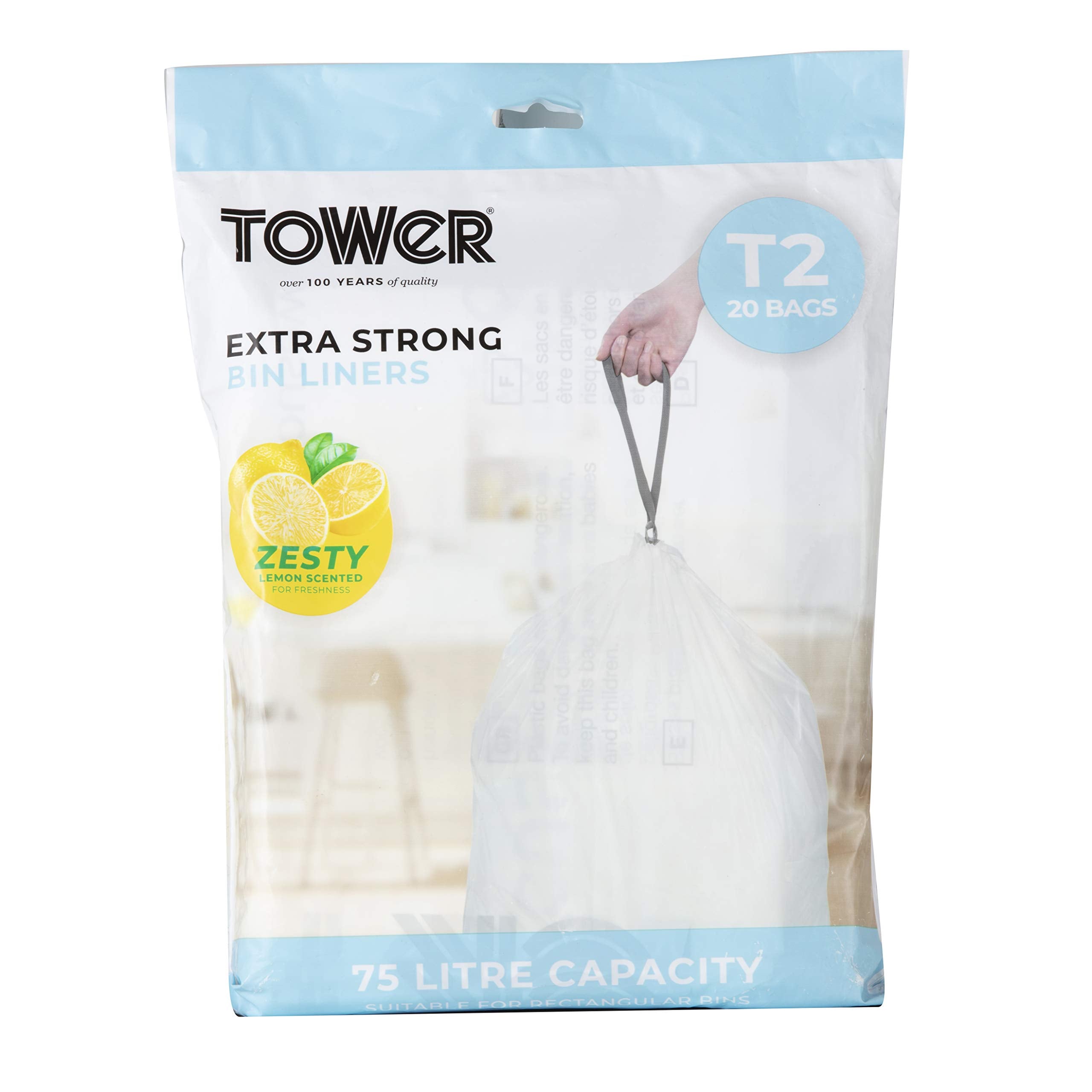 Tower 75L Lemon Scented Bin Liners - 20 Pack, Heavy Duty HDPE Bags 1