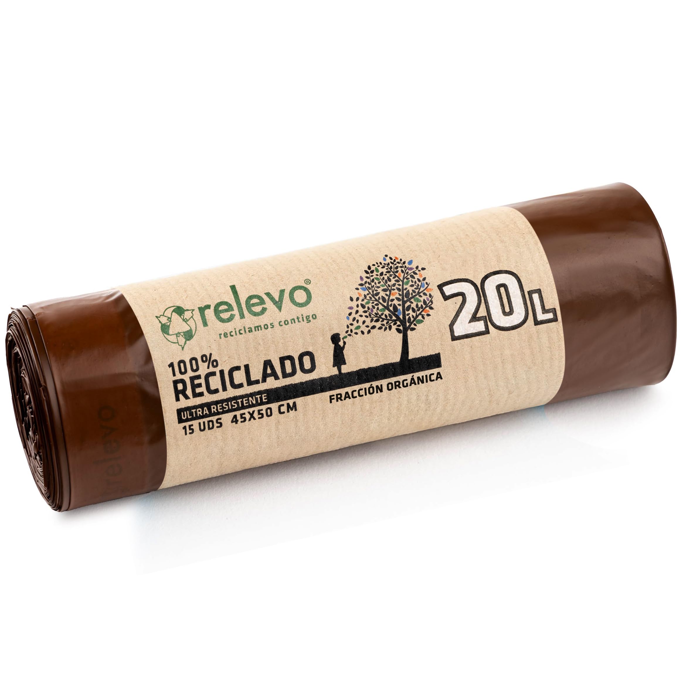 Relevo 100% Recycled Bin Liners - 20L Capacity, Brown, 15 Bags | Drawstring Closure 1