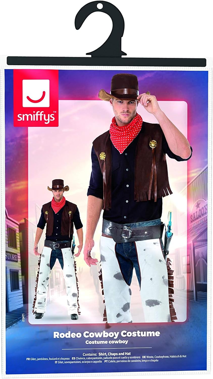 Smiffys Adult Men's Cowboy Costume - Western Outfit with Waistcoat, Chaps, Scarf & Hat (Size M, Model 20471)