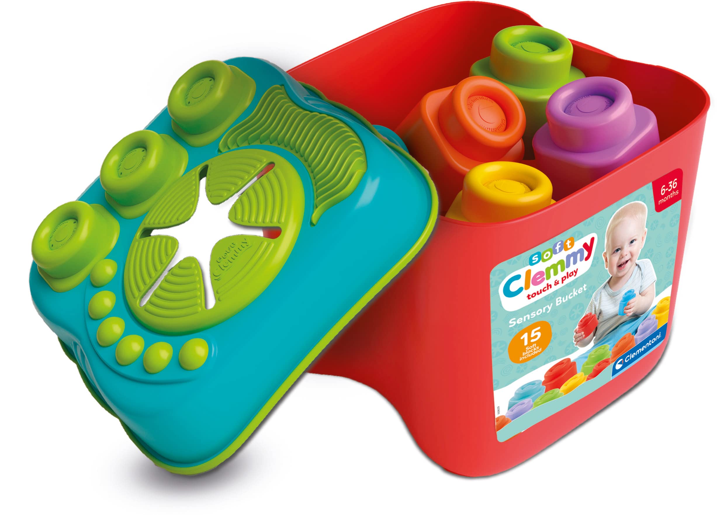 Clementoni Clemmy Sensory Bucket with Soft Blocks - 15 Pieces | Ages 6-36 Months | Multi-color 6