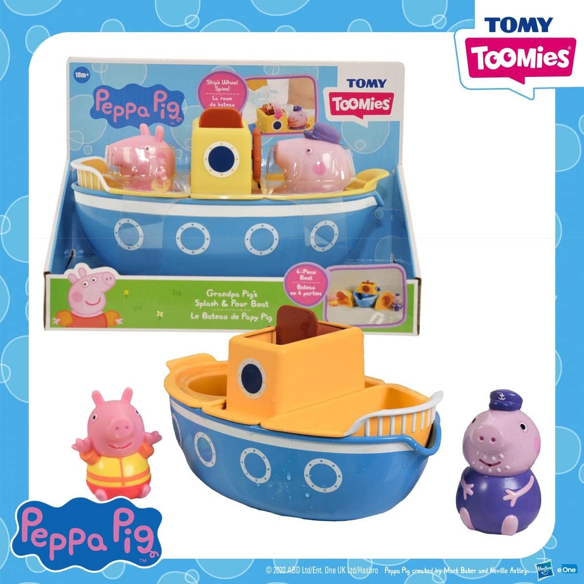TOMY E73414 Toomies Grandpa Pig’s Splash & Pour Boat - 4 Pc Bath Time Playset 5
