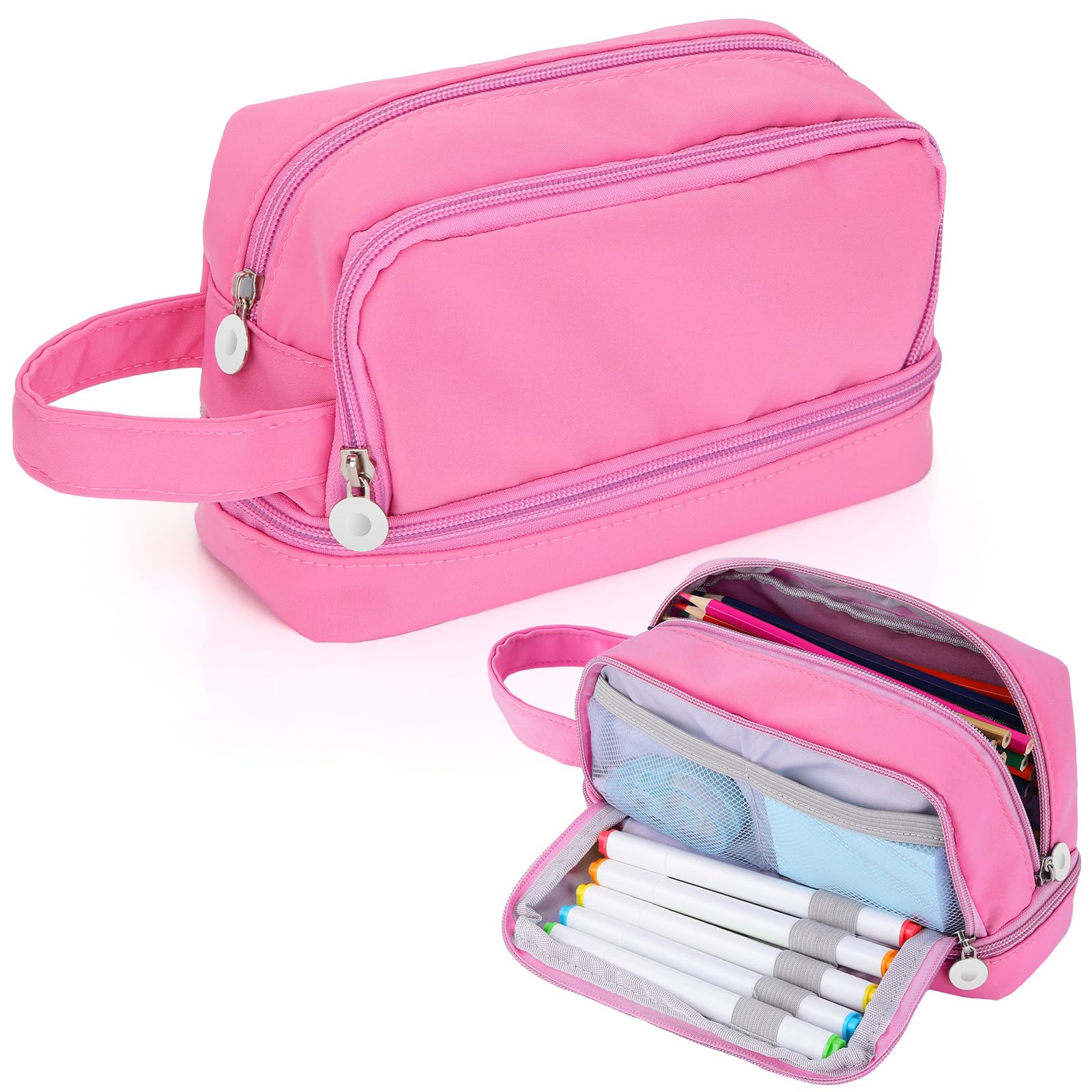 Alyvisun Large Capacity Pencil Case - 3 Compartments, Pink Canvas, Zipper Closure | One Size 1