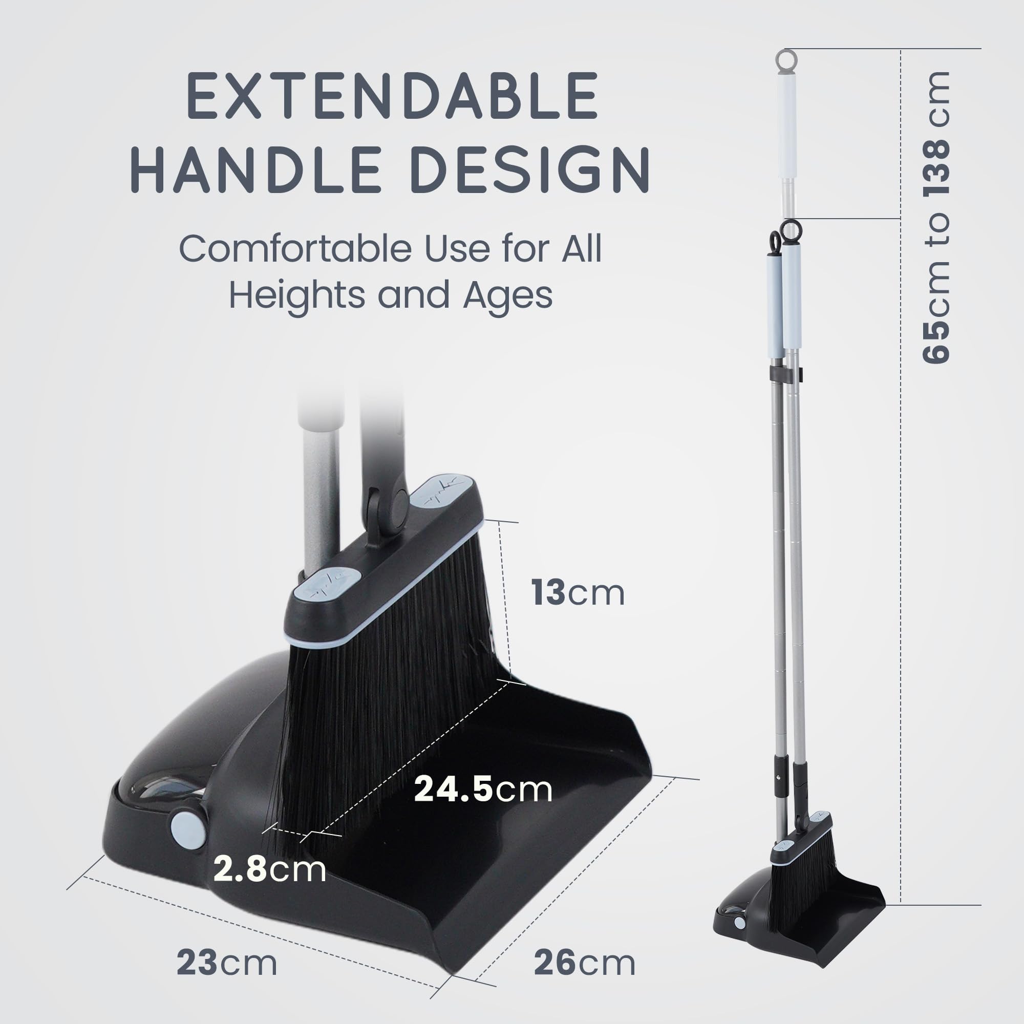 CUQOO Dustpan and Brush Set - Long Handled Upright Standing | Nylon Bristles | Black 3