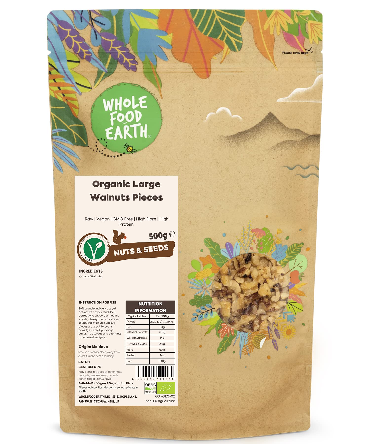 Wholefood Earth Organic Large Raw Walnut Pieces - 500g | Vegan | GMO Free