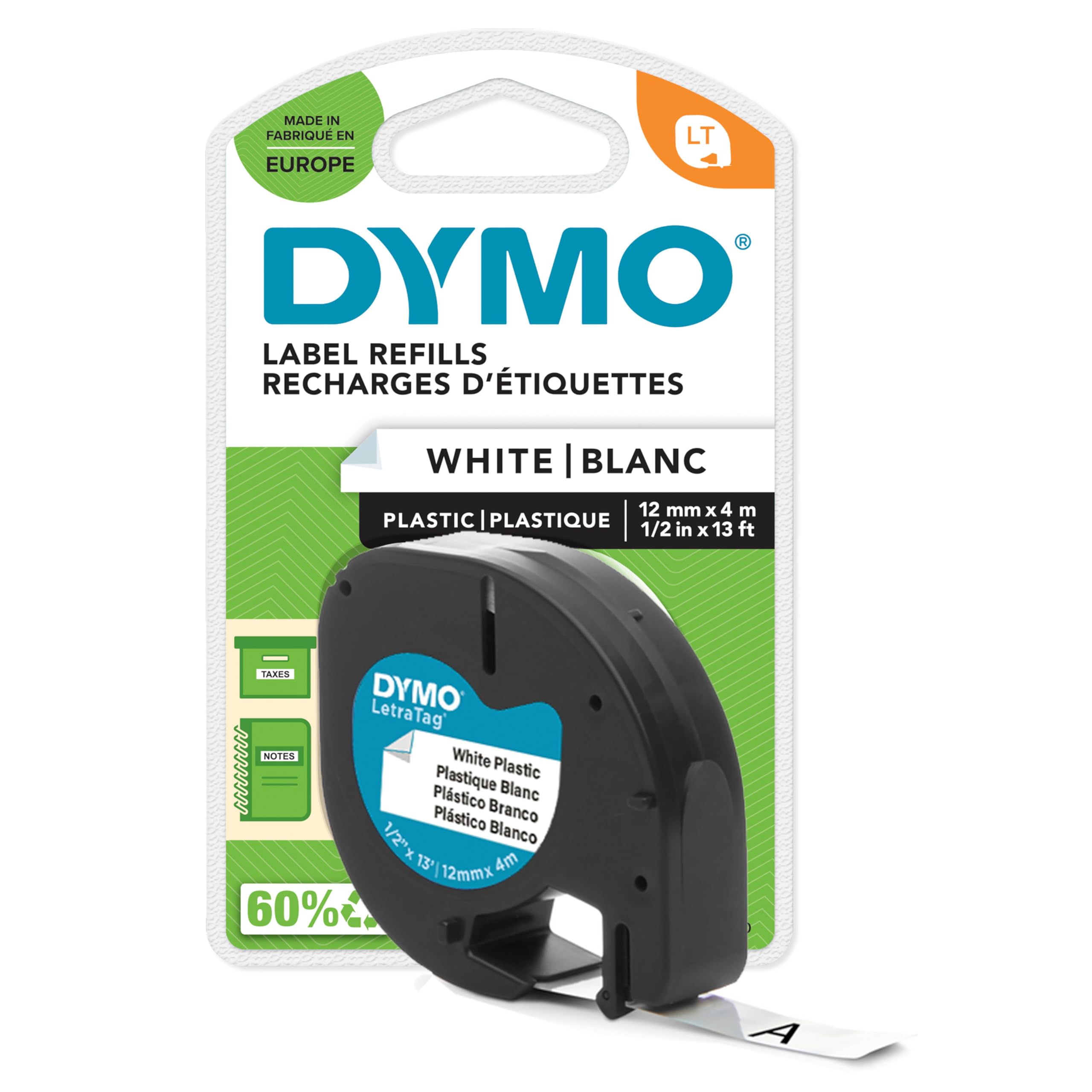 Dymo LetraTag S0721660 Plastic Label Tape - Black Text on White | 12mm x 4m Roll 1