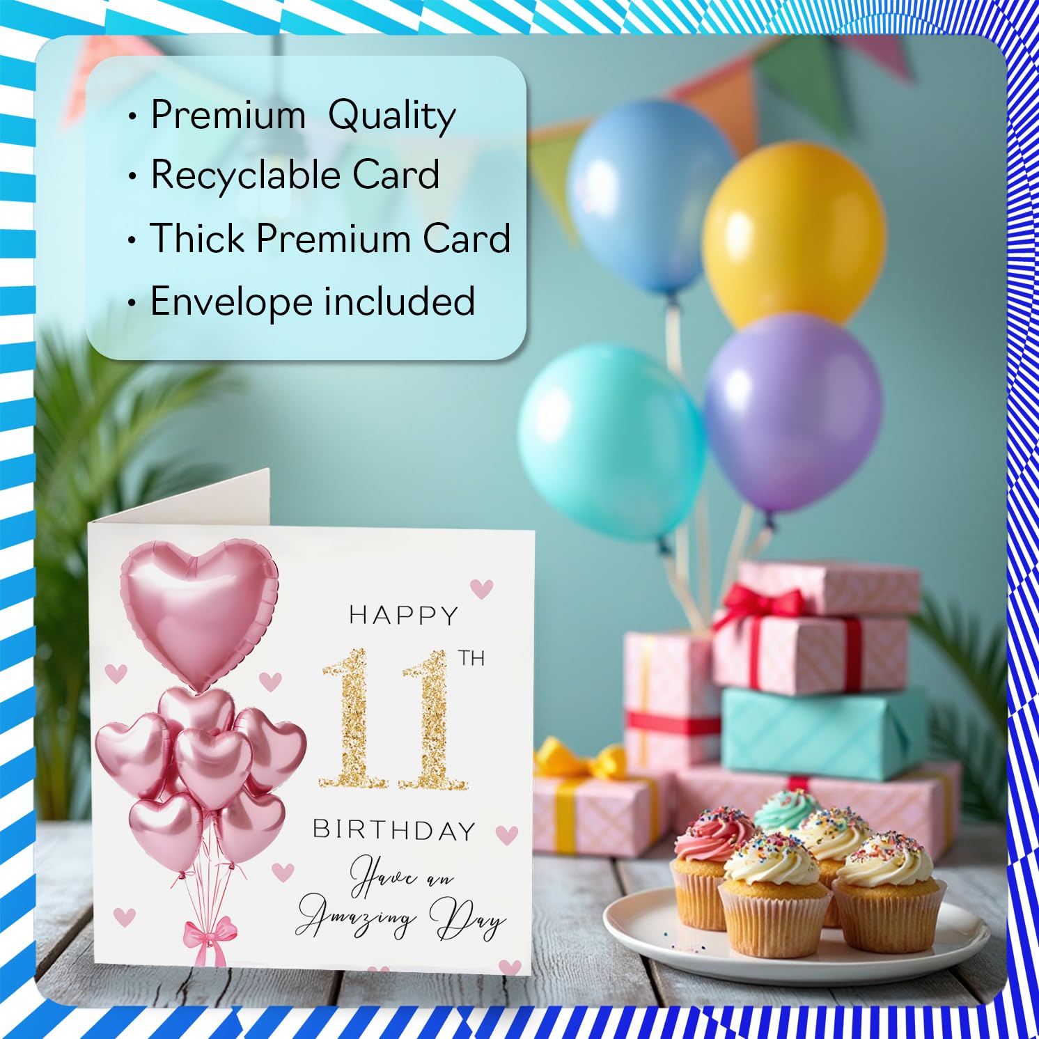Stuff4 11th Birthday Card for Girls - Pink Glitter Balloons | 145mm Square | Blank Inside 3
