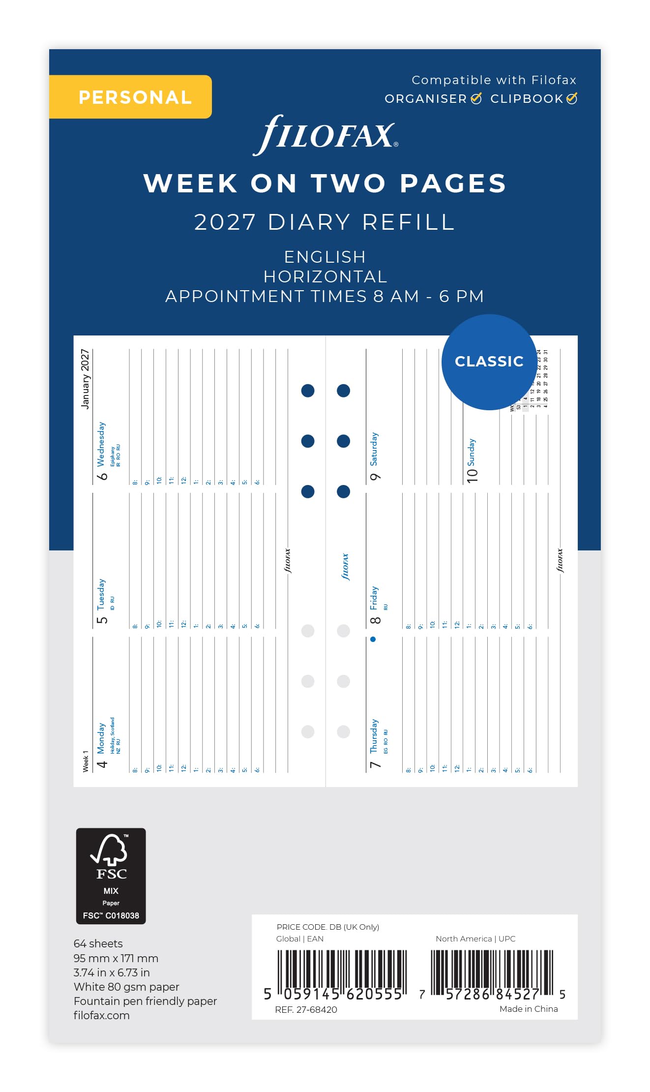 Filofax Personal 2027 Diary Refill - Week on Two Pages Horizontal | 95mm x 171mm