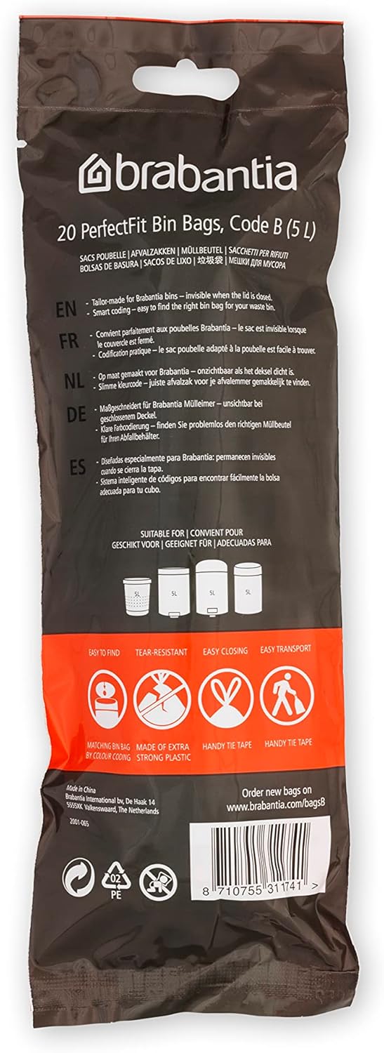 Brabantia PerfectFit Bin Liners Multipack Size B (5 Litre) Extra Strong Plastic with Tie-Tape