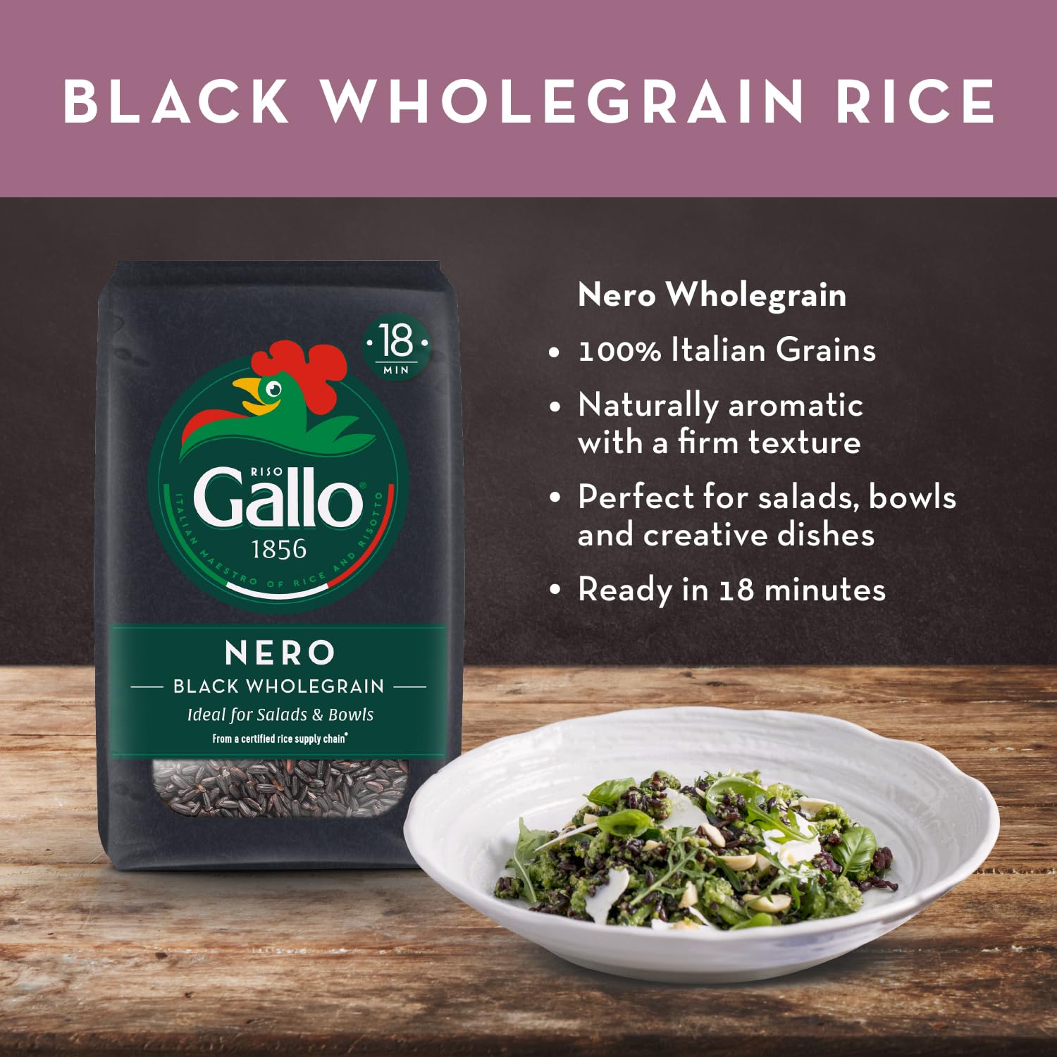 Riso Gallo Nero - Vegan Black Wholegrain Rice | 500g Organic Grain | Nutty Flavour