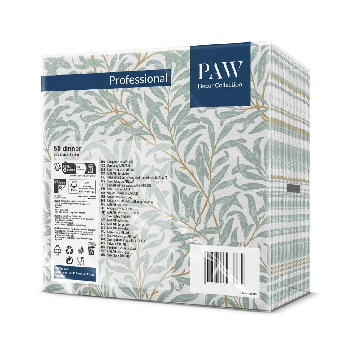 PAW Decor Collection Airlaid Cloth-Like Napkins - 40 x 40 cm, Willow Branch, 50 Count