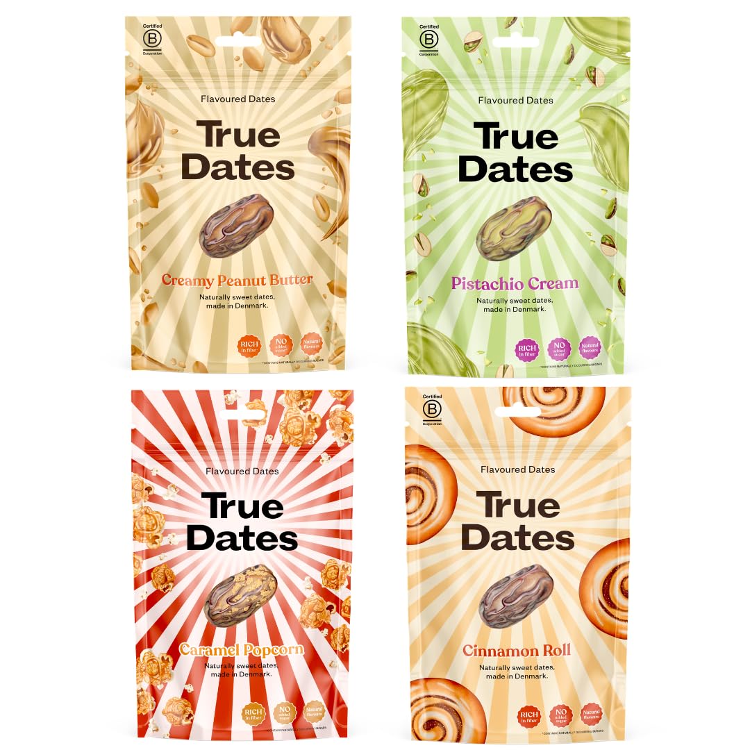 True Gum Mixed Flavours Dates - 4 x 100g Pack | No Added Sugar | Vegan-Friendly 1