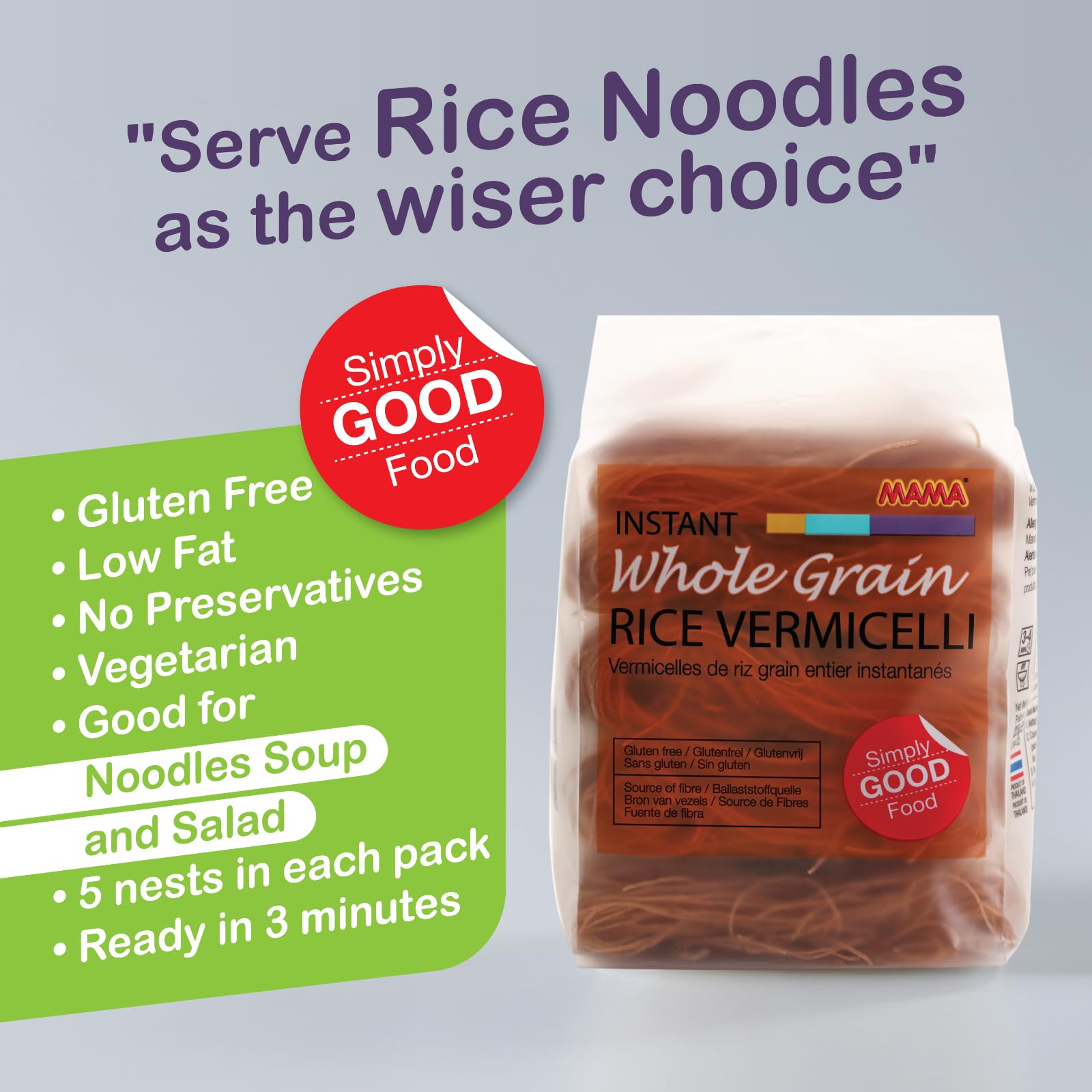 MAMA Instant Whole Grain Rice Vermicelli Noodles - Low Fat, No Preservatives | 225g (Pack of 6)