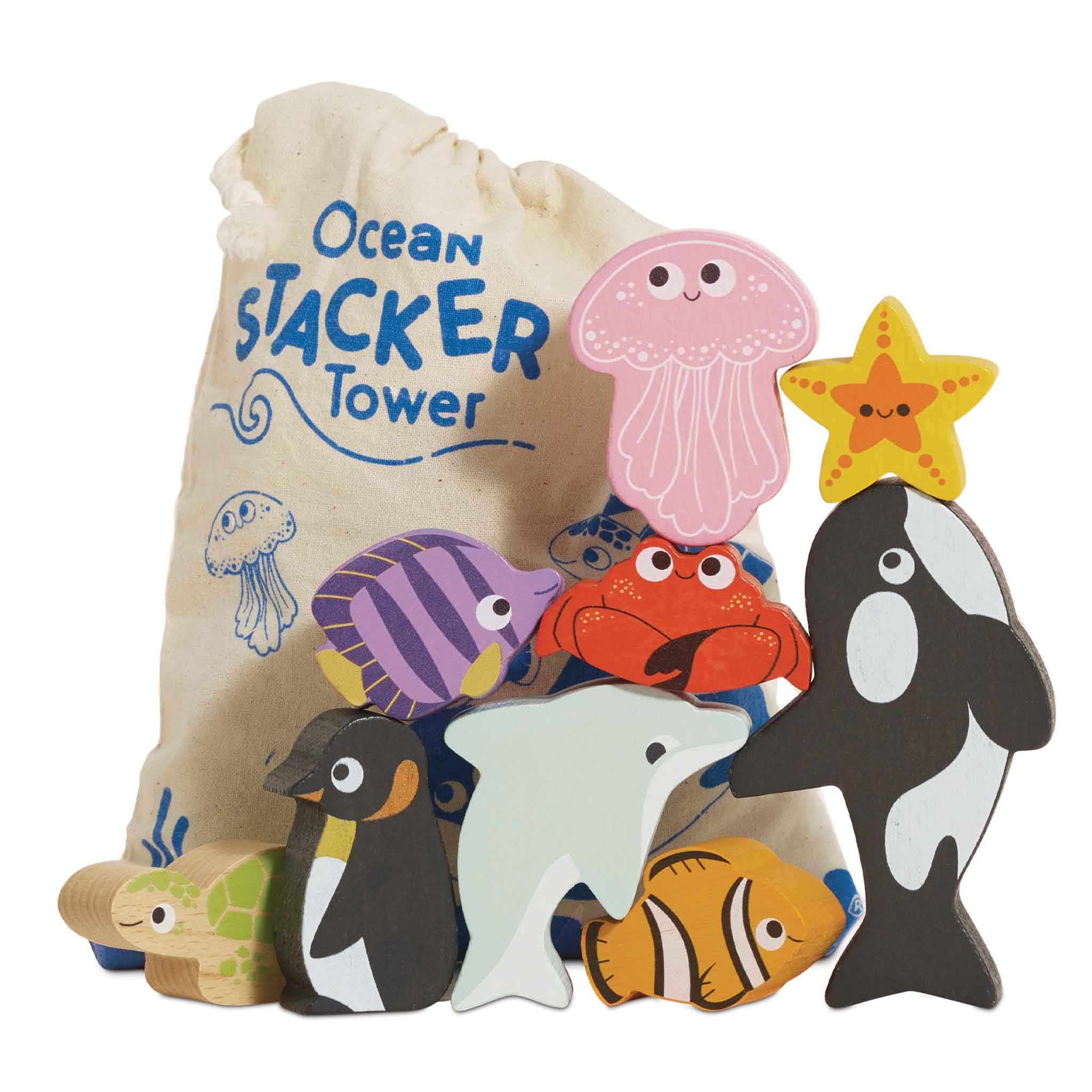 Le Toy Van Petilou Wooden Ocean Stacking Animals - Sensory Play & Motor Skills Development | Ages 18m+