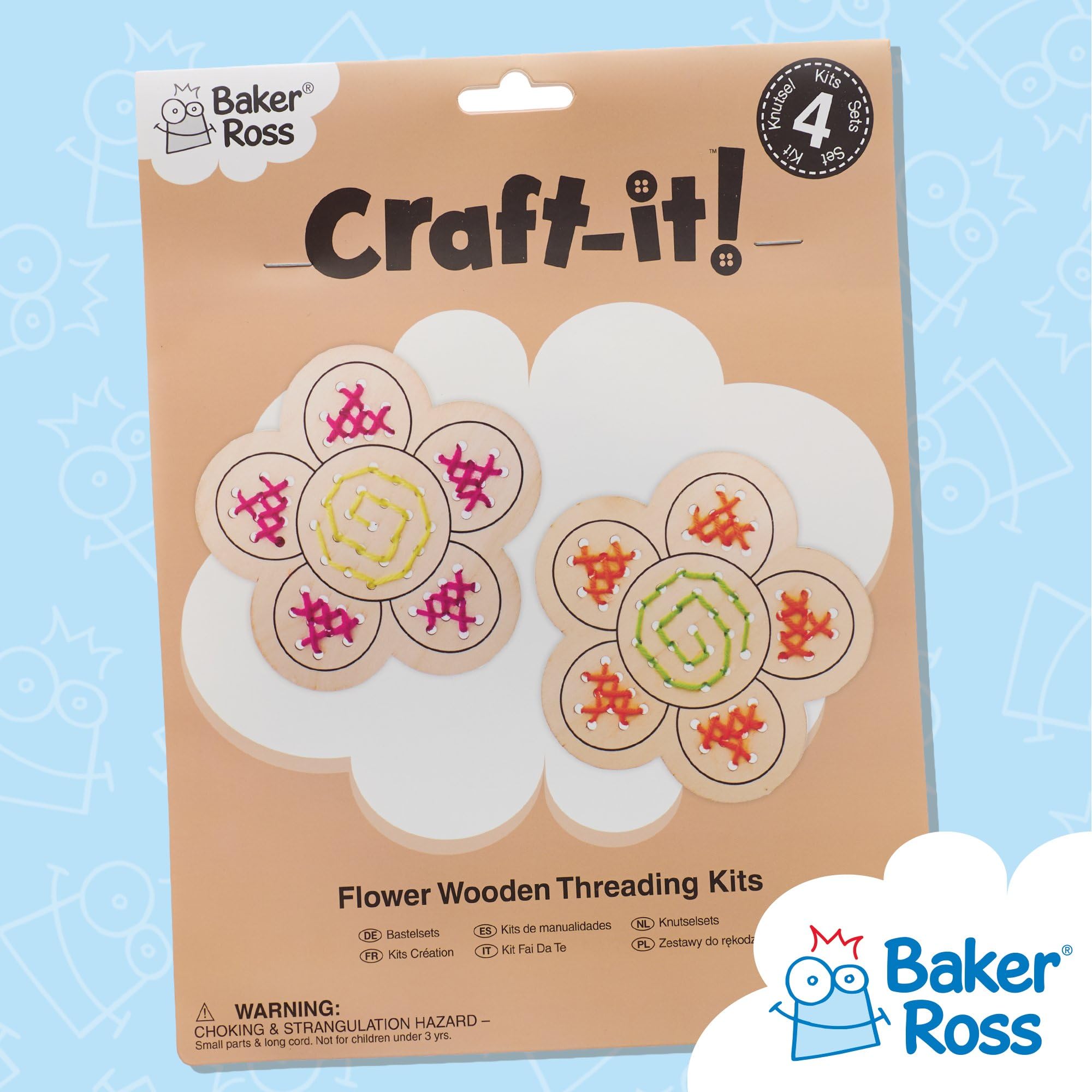 Baker Ross Flower Wooden Threading Kits - Pack of 4 | Kids Crafts | Ages 3+ 5
