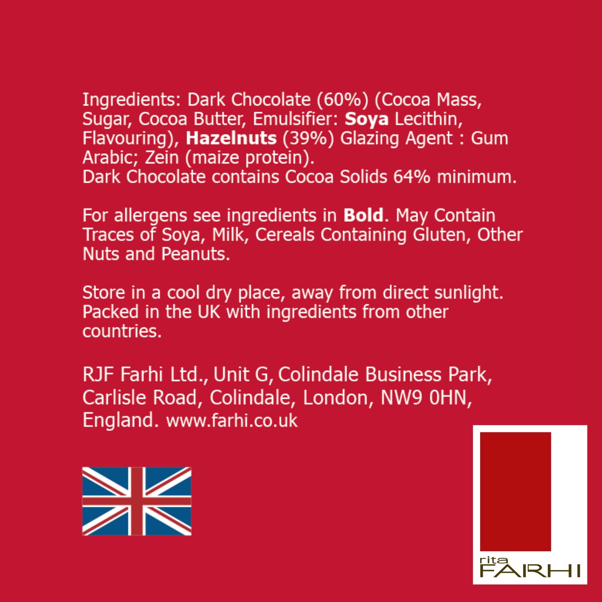 Rita Farhi Dark Chocolate Coated Hazelnuts Luxury Gift Jar 285g