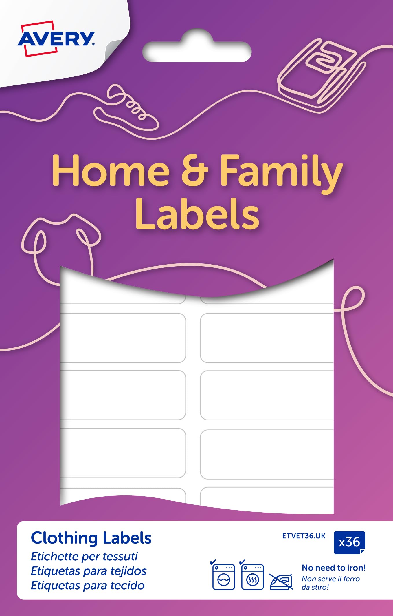 AVERY Clothing Labels - Stick On, Wash-Resistant Name Labels for School Uniforms | 36 Pack, 45 x 13mm