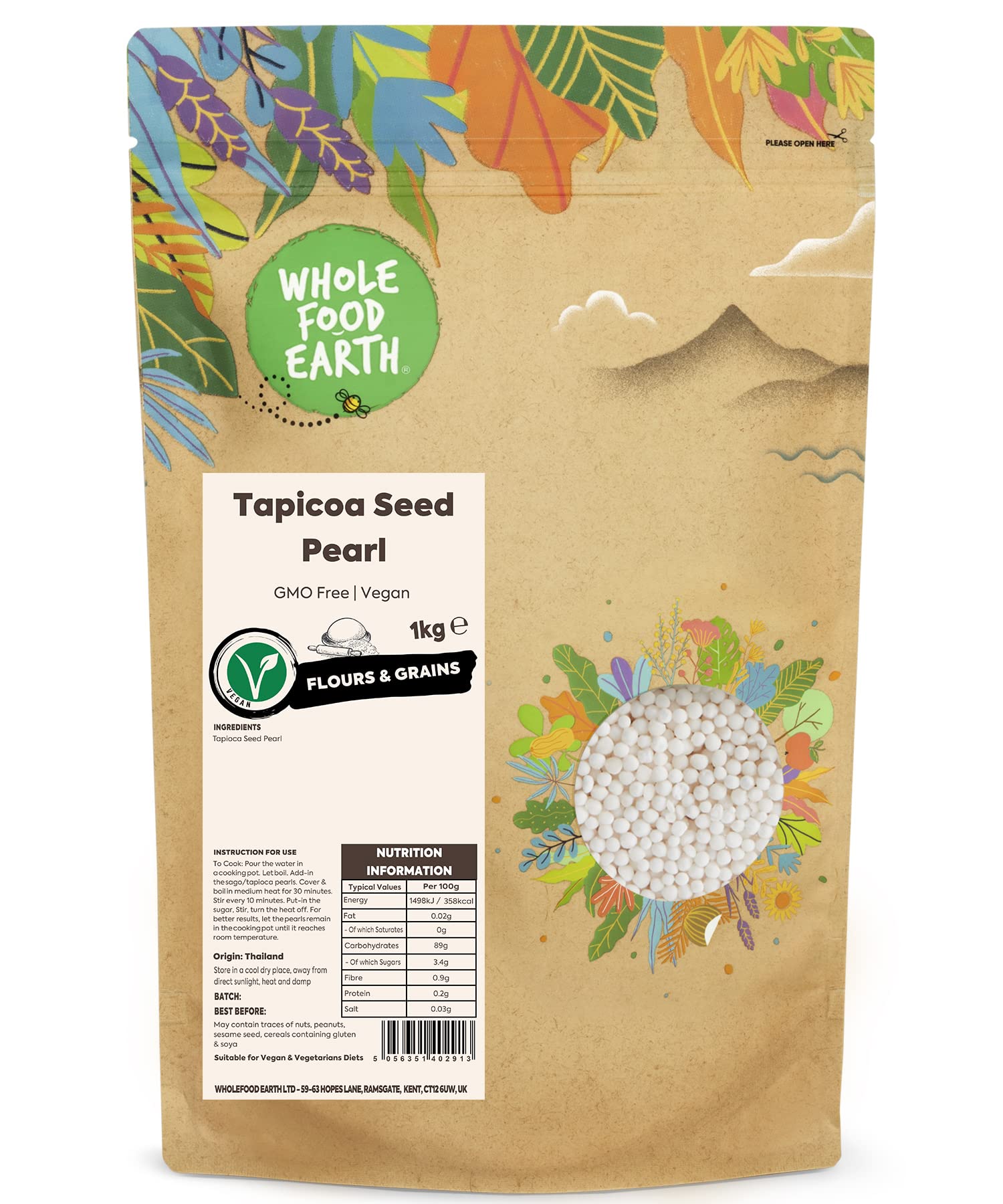 Wholefood Earth Tapioca Seed Pearl - 1 kg | GMO Free | Vegan Friendly