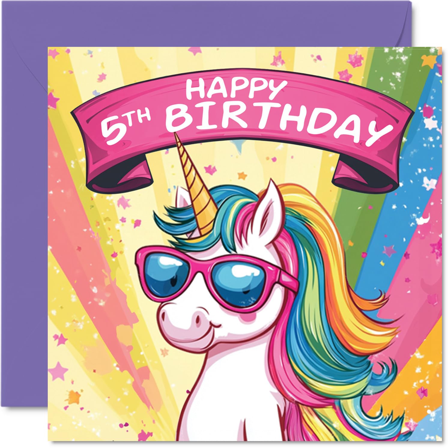 Stuff4 Girls 5th Birthday Card - Cool Unicorn Sunglasses Design | 145mm x 145mm 1