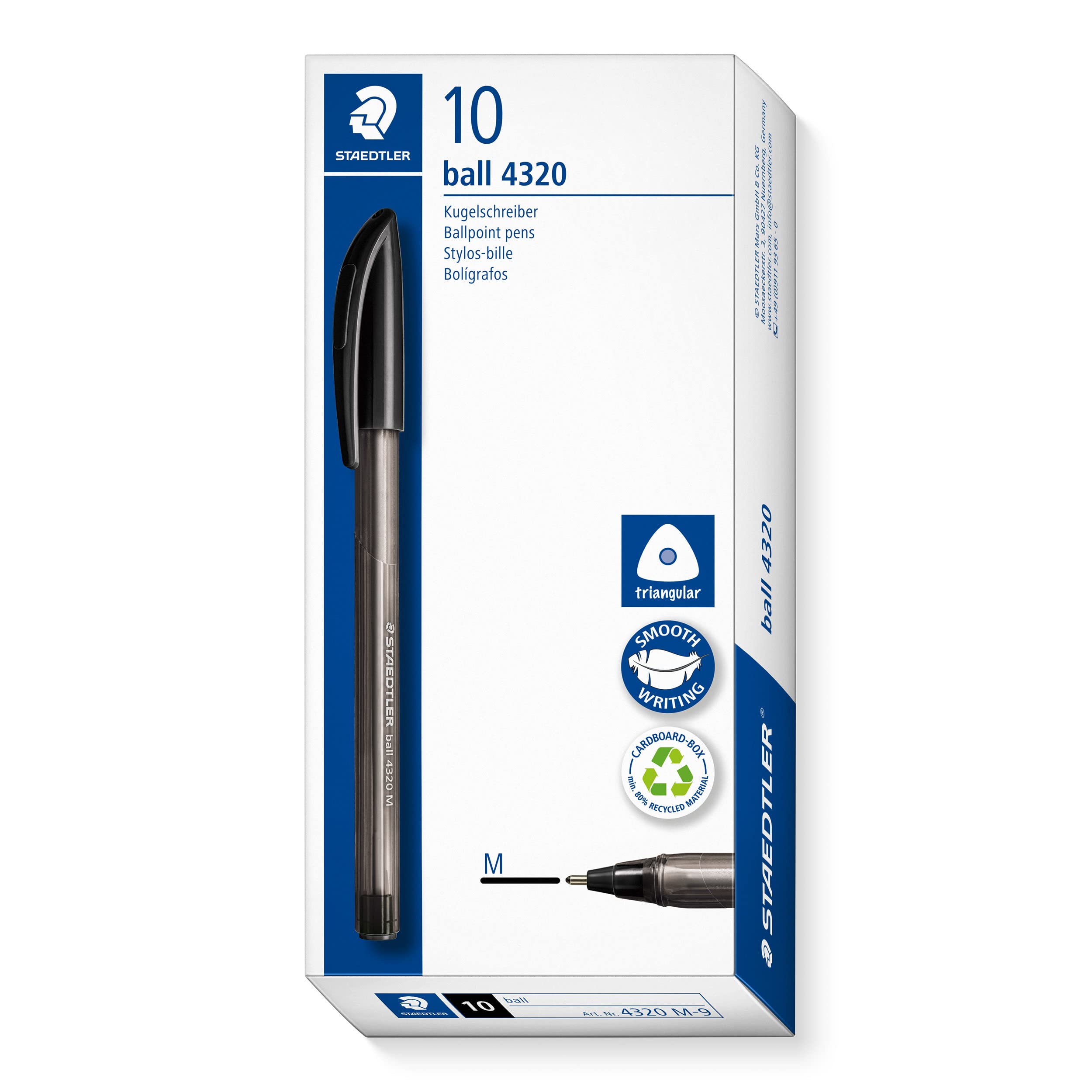 STAEDTLER 4320 M-9 Stick Ballpoint Pen - Black Ink, 1.0mm Medium Line, Pack of 10