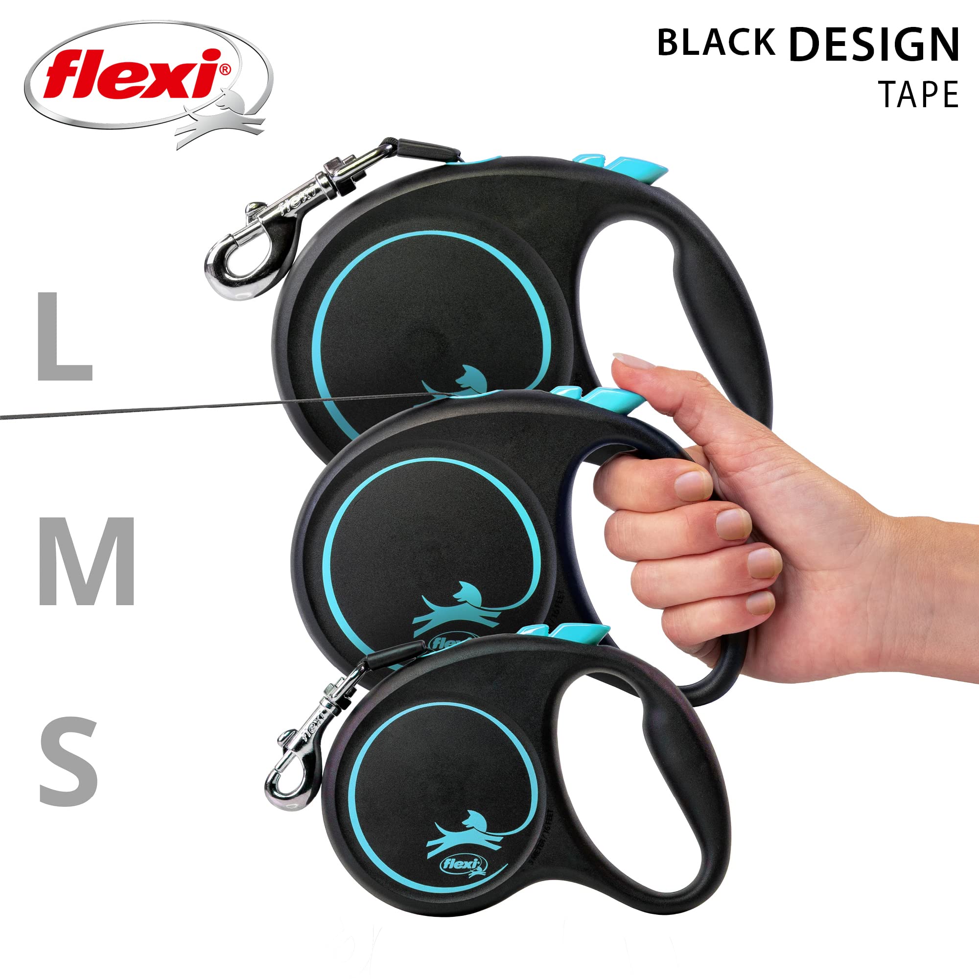 flexi Black Design Retractable Dog Lead - Medium Size, 5m Tape, For Dogs up to 25kg/55lbs | Blue 5