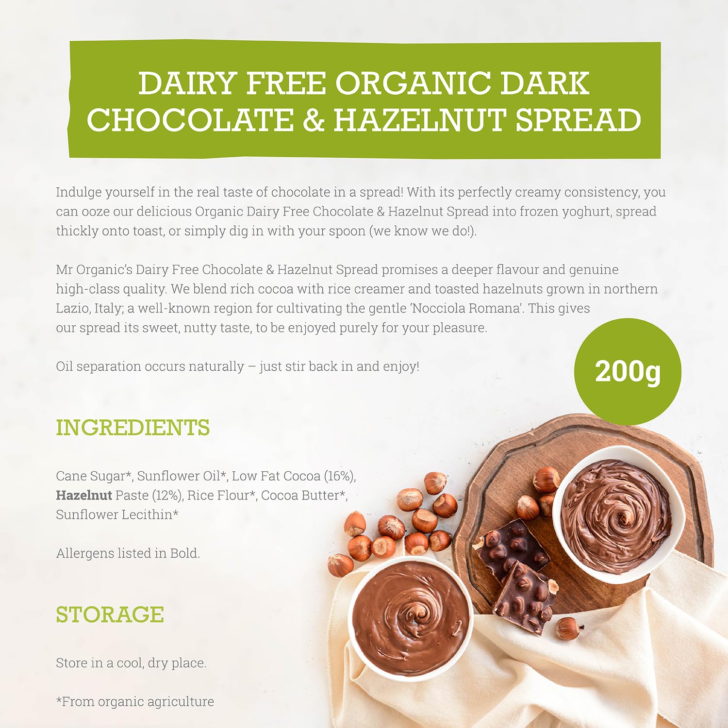 Mr Organic Dark Chocolate & Hazelnut Spread - Organic | 200g Jar | Creamy Form 2