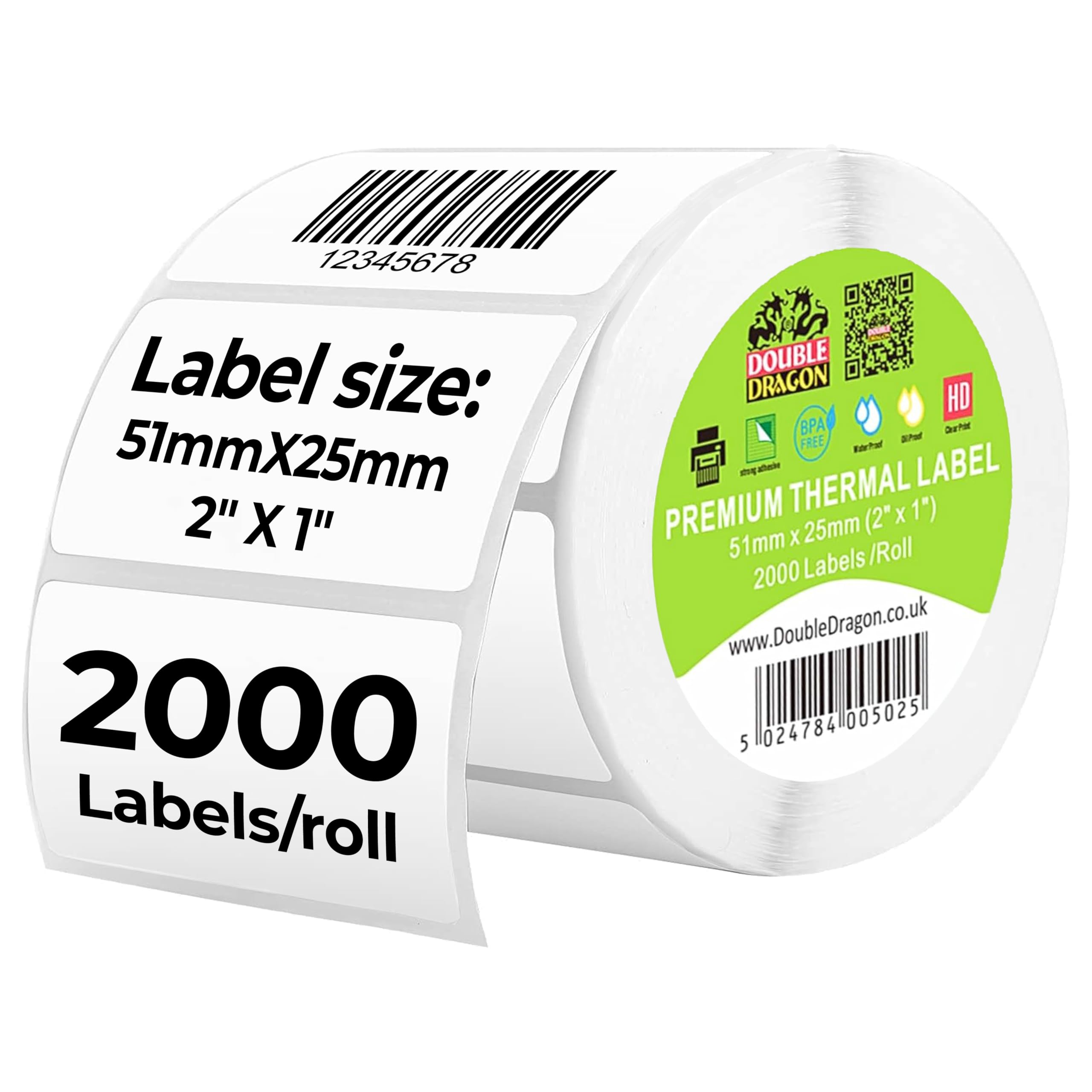 Double Dragon Direct Thermal Printer Labels - 51mm x 25mm | 2,000 Labels per Roll | Waterproof & Scratch Resistant 1