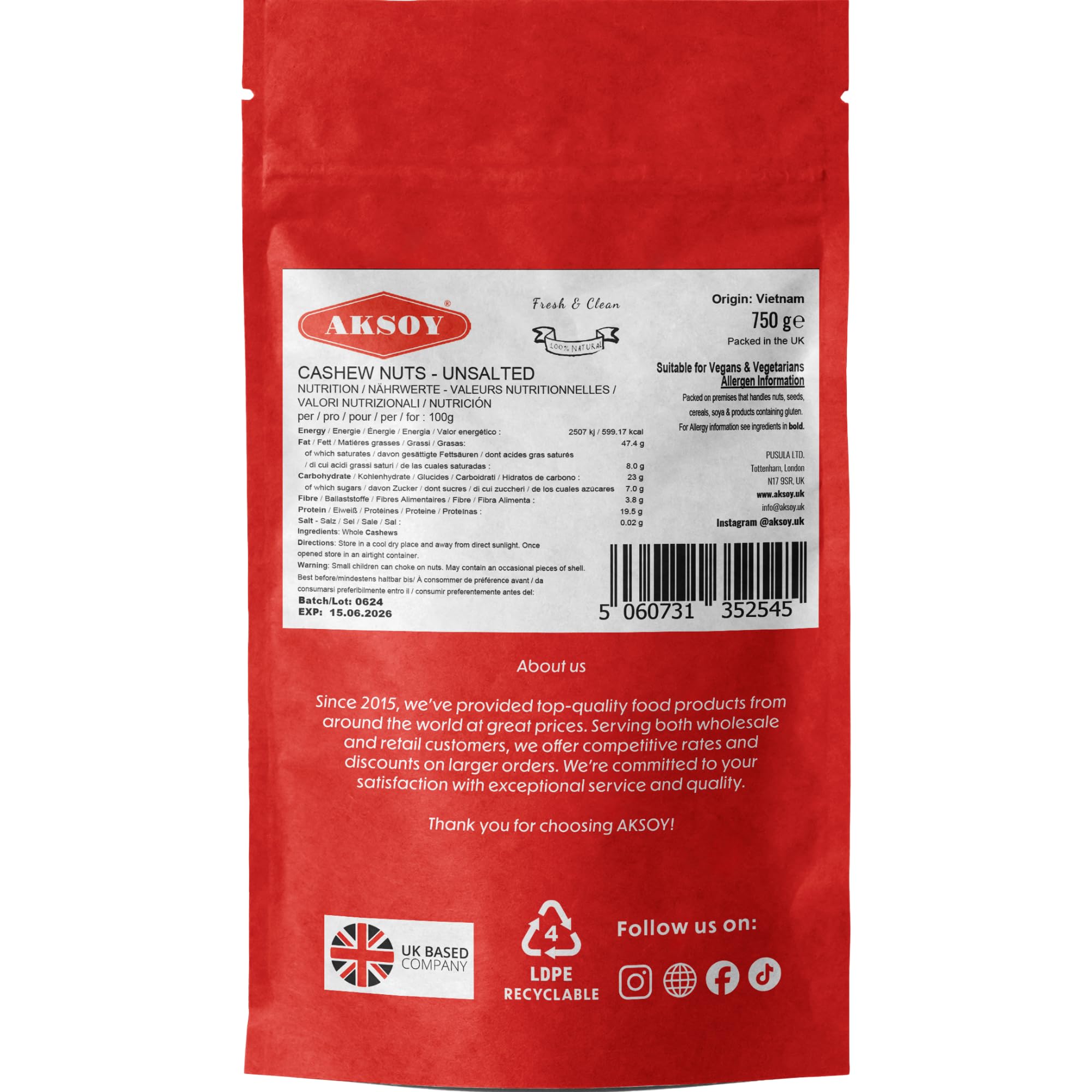 AKSOY Premium Raw Cashews - Natural, Fresh, 750g Pack | Vegan & Gluten Free 5
