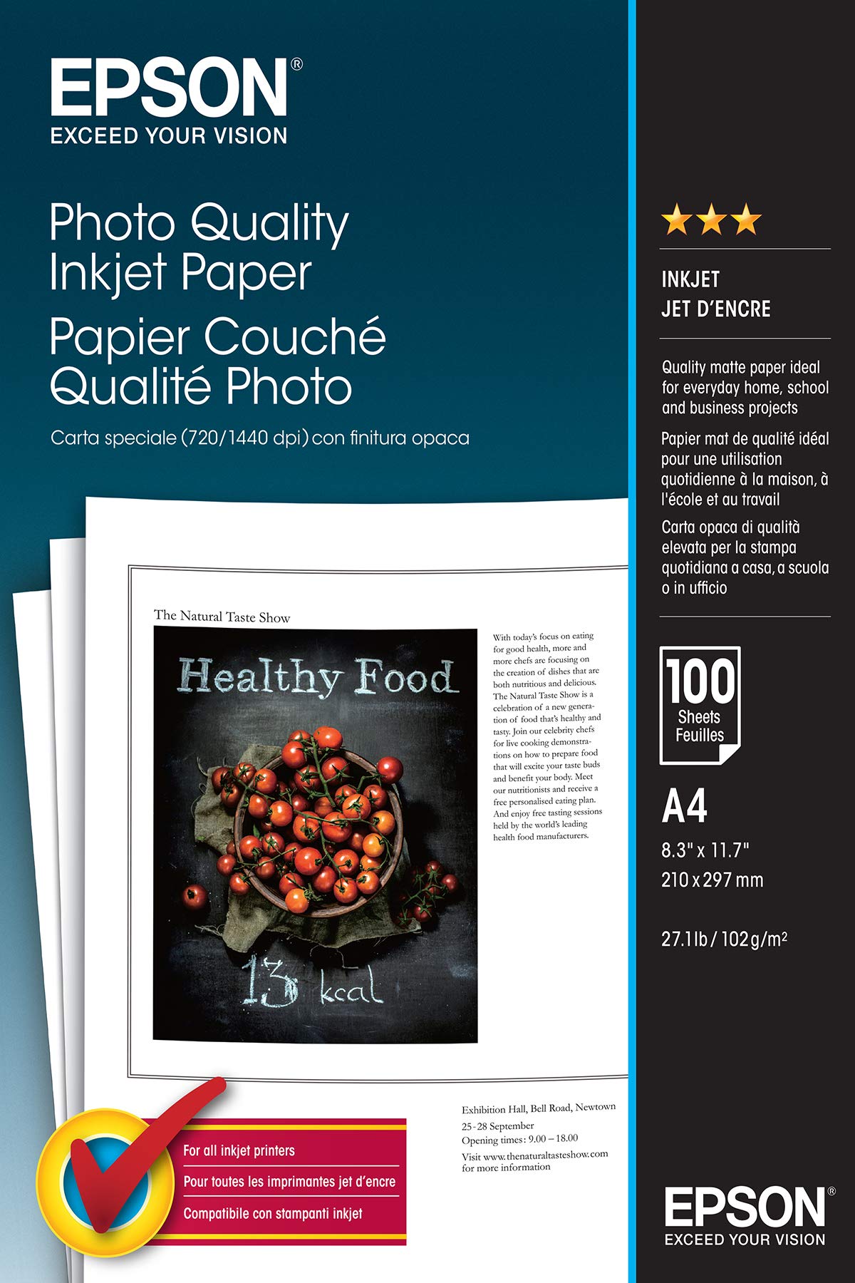 Epson Photo Paper - A4 White Coated Inkjet | 102gsm | 100 Sheets | C13S041061