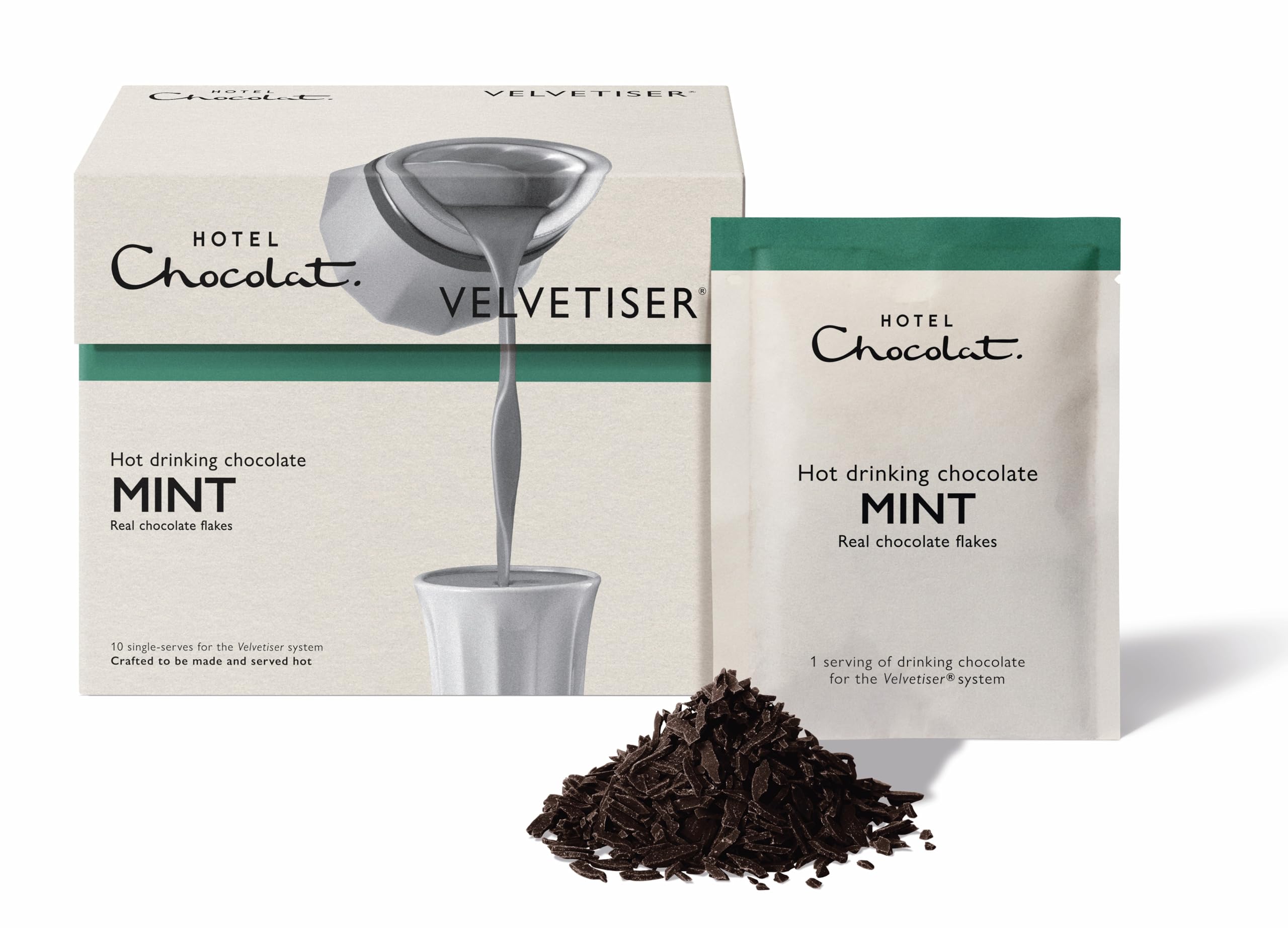 Hotel Chocolat Mint Hot Chocolate Sachets - 70% Dark Chocolate Flakes | Velvetiser Compatible