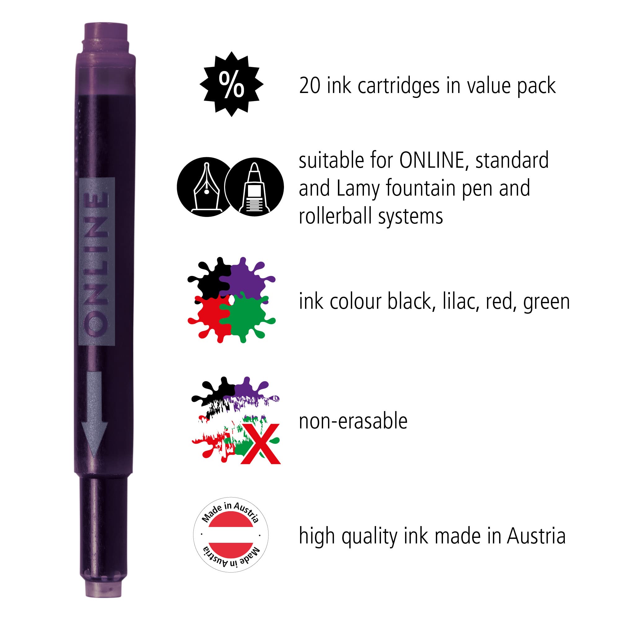 Online Colourful Double-Sided Pen Refills - 20 Cartridges (4-Pack) | Red, Green, Black, Purple | Universal & Lamy Compatible 2