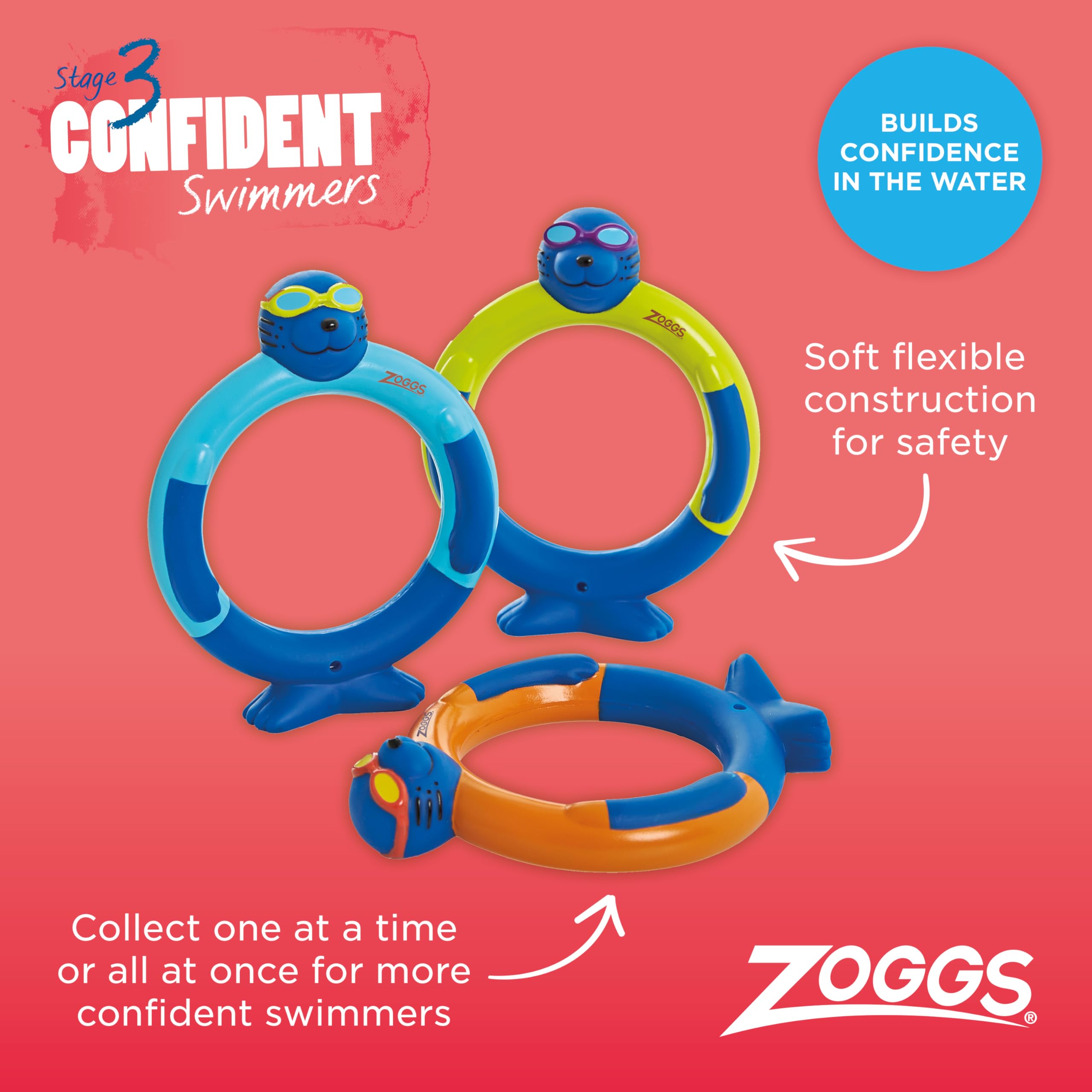 Zoggs Dive Rings - Confidence Building Pool Sinkies for Kids Age 3+ | 3-Pack Blue/Orange/Lime