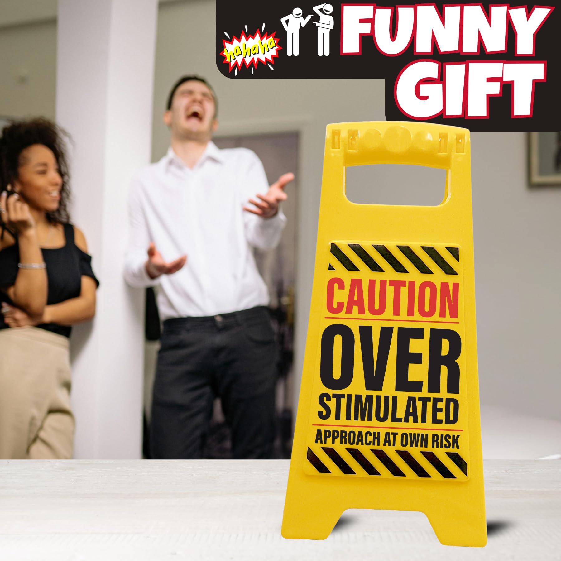 Boxer Gifts Overstimulated Approach at Own Risk Novelty Desk Sign | Plastic | Yellow | 28cm x 20cm 3