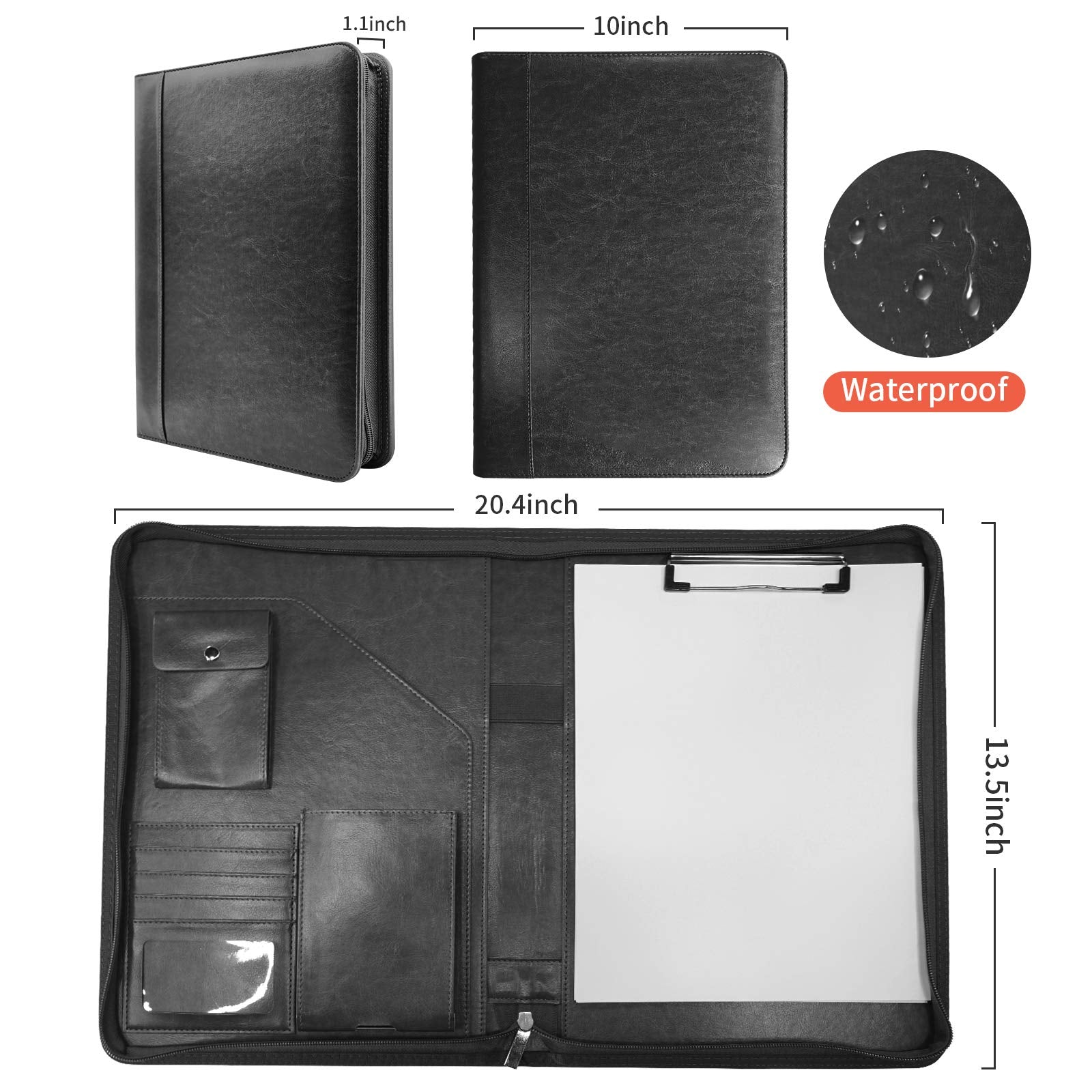 NEWYES Leather Zipper Conference Folder - A4 Size, Black PU Leather, Waterproof | 5 Card Slots 6