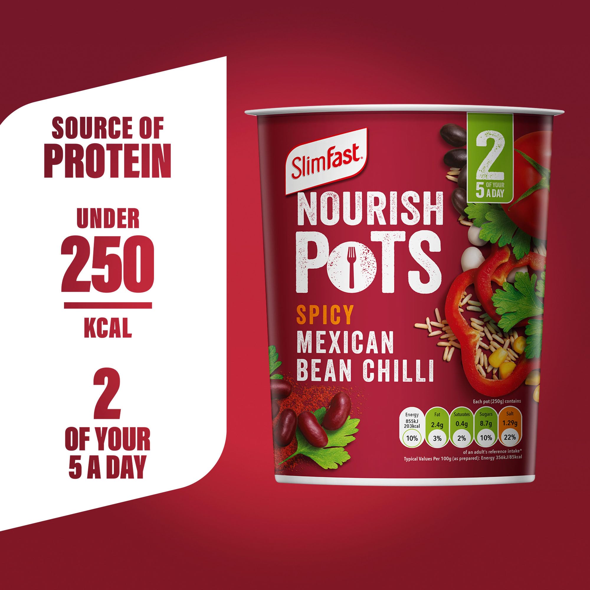 SlimFast Nourish Pot Spicy Mexican Bean Chilli - Ready Meal, Low in Sugar, Vegan, 8 x 60g Pots 4
