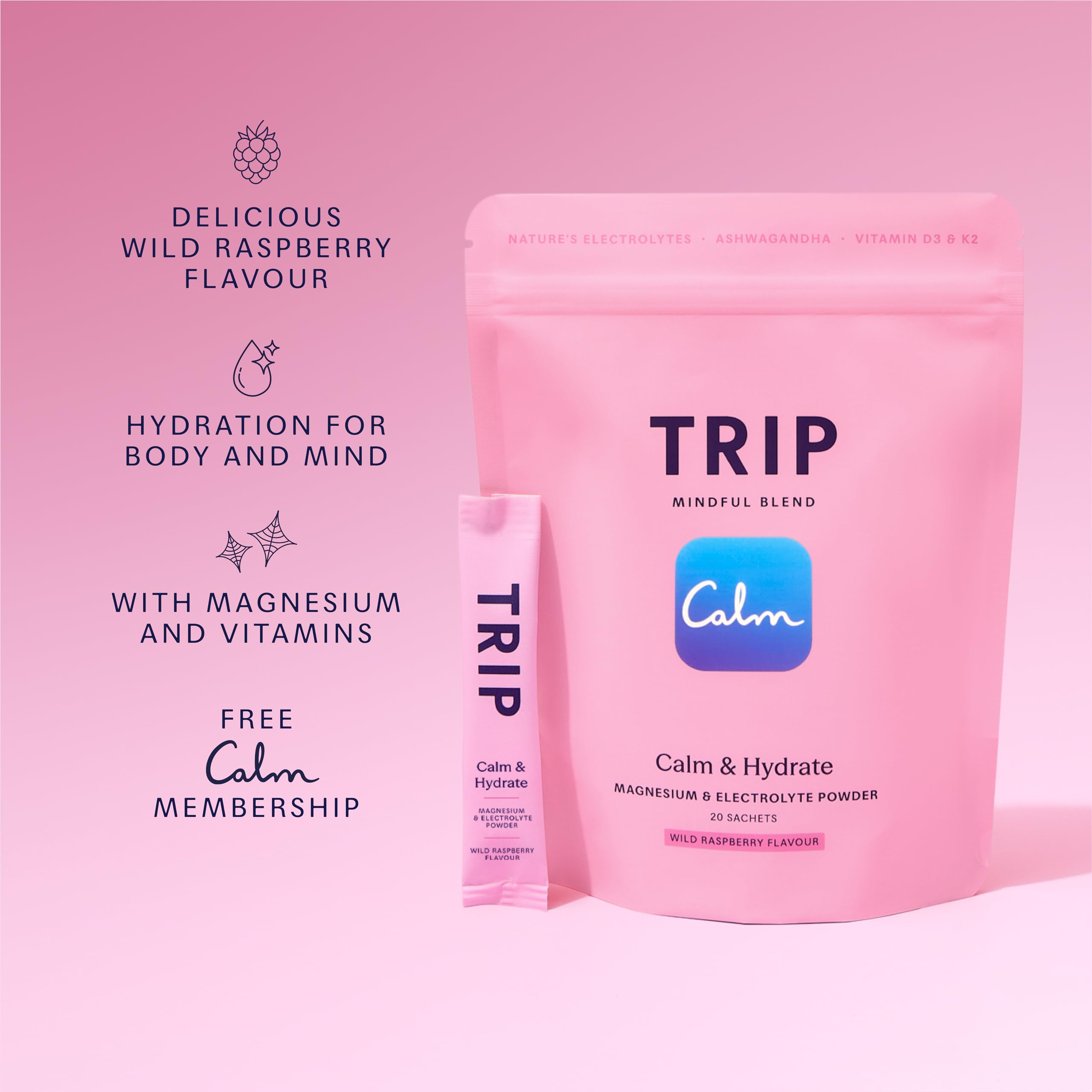 TRIP Calm & Hydrate Electrolyte + Magnesium Powder - Wild Raspberry | On-The-Go Sachets 6