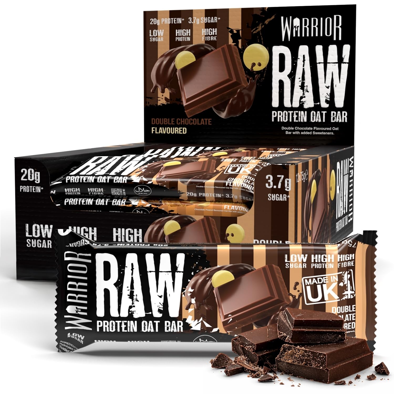 Warrior RAW Protein Bars - 20g High Protein, Low Sugar | Double Chocolate | 12 x 75g Pack