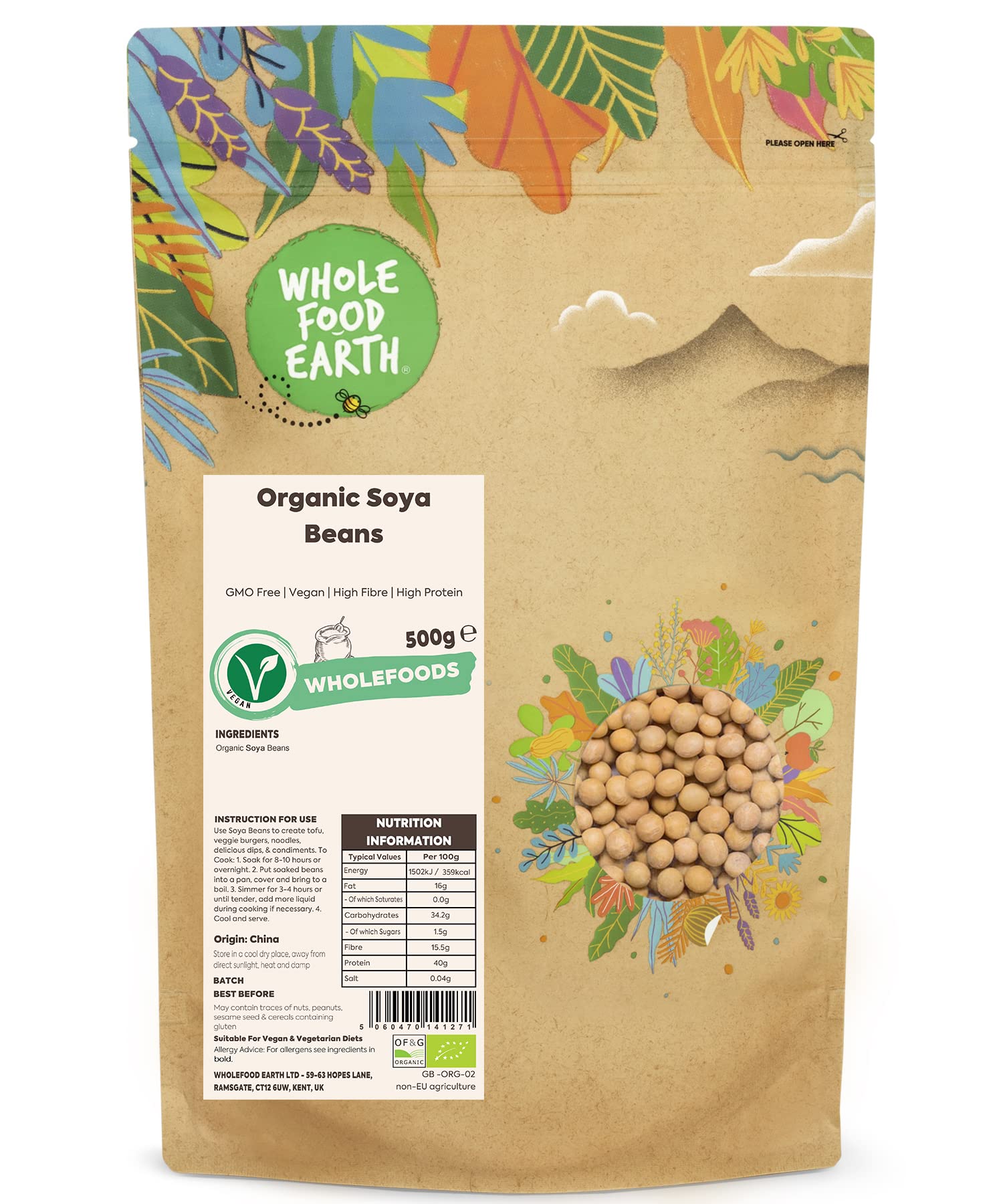 Wholefood Earth Organic Soya Beans 500g - GMO Free, High Protein, High Fibre, Vegan, Certified Organic