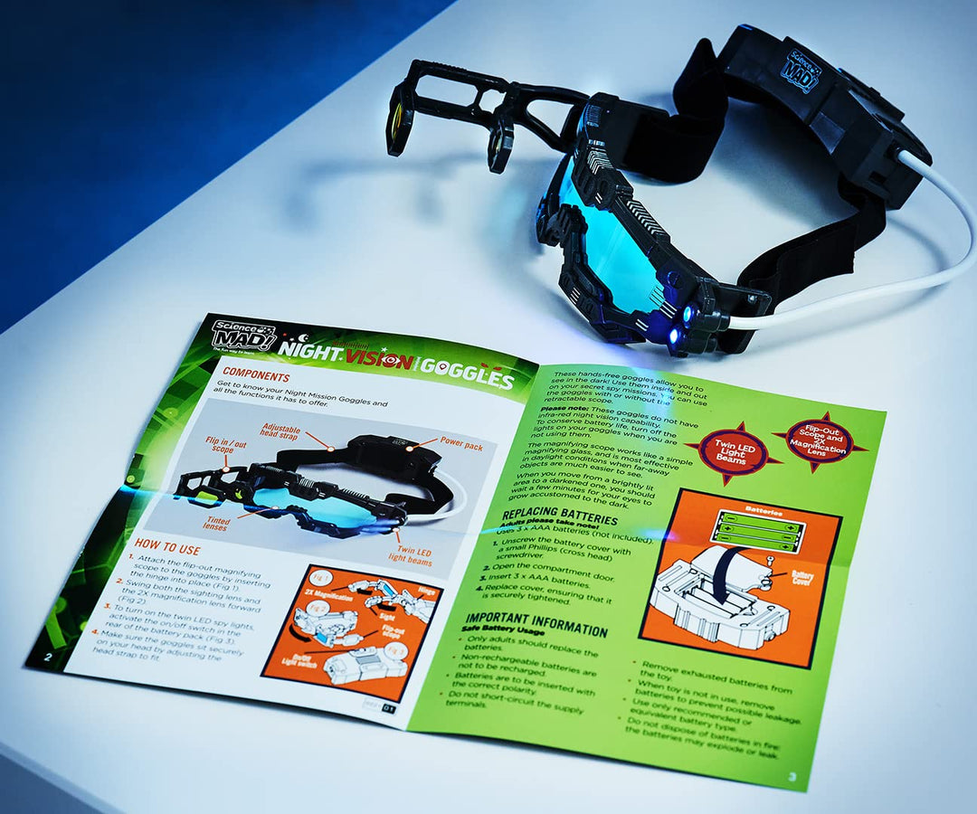Science Mad! Night Vision Goggles for Kids - 2x Magnification & LED Lights - Black