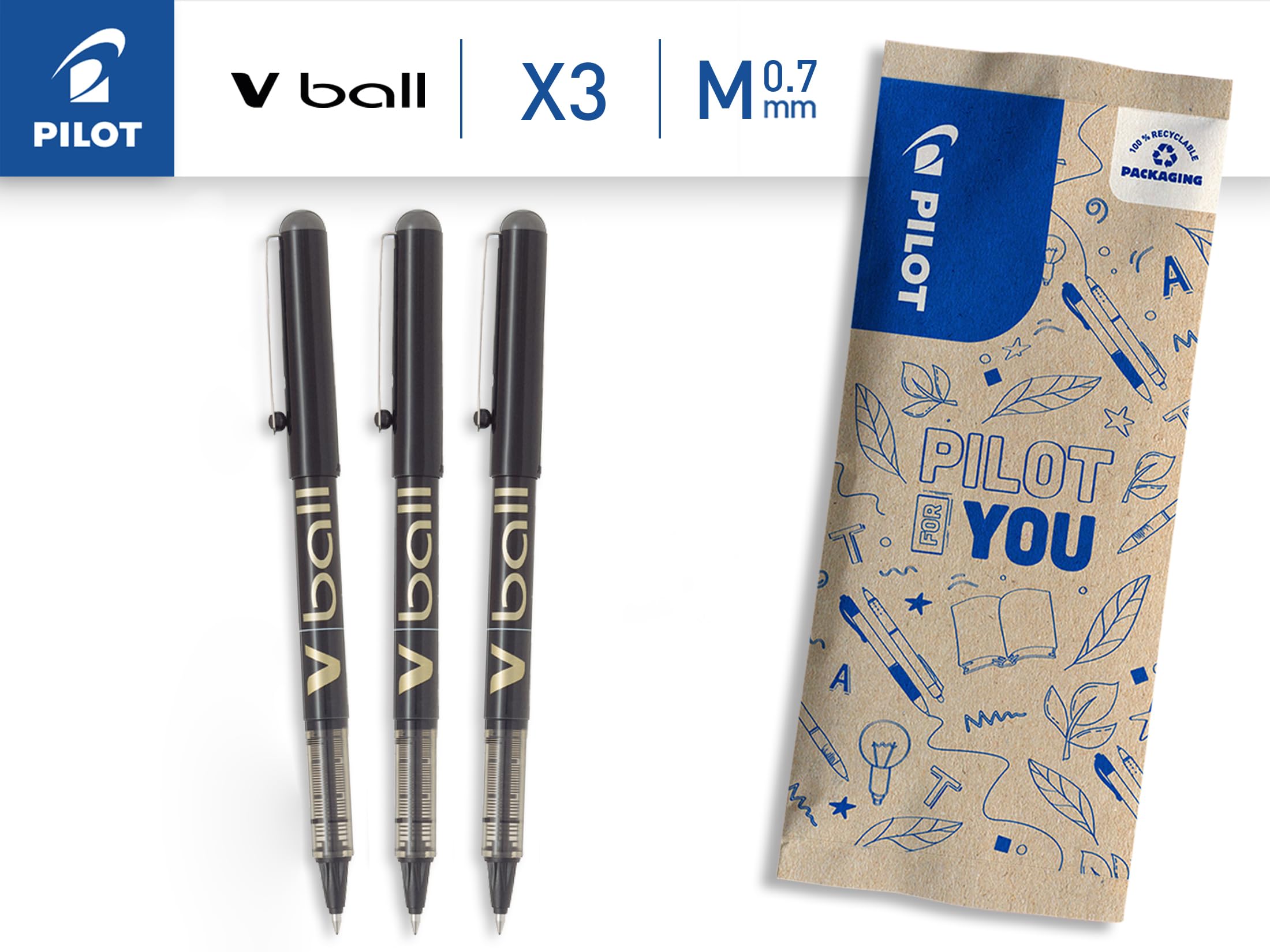PILOT Set of 3 V-Ball 07 - Ball balls with liquid ink - black - medium tip 6