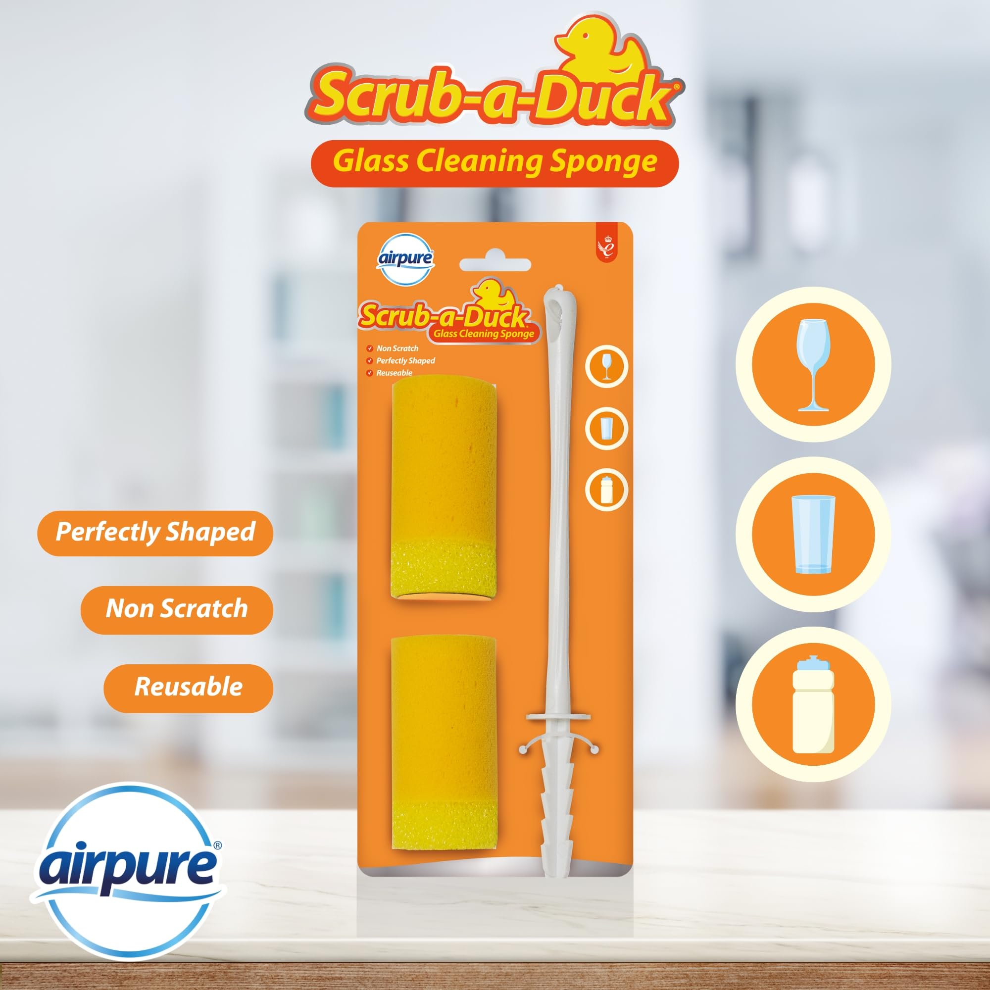 airpure Scrub-a-Duck Glass Cleaning Sponge - Non-Scratch Long Reach | Reusable PU Material