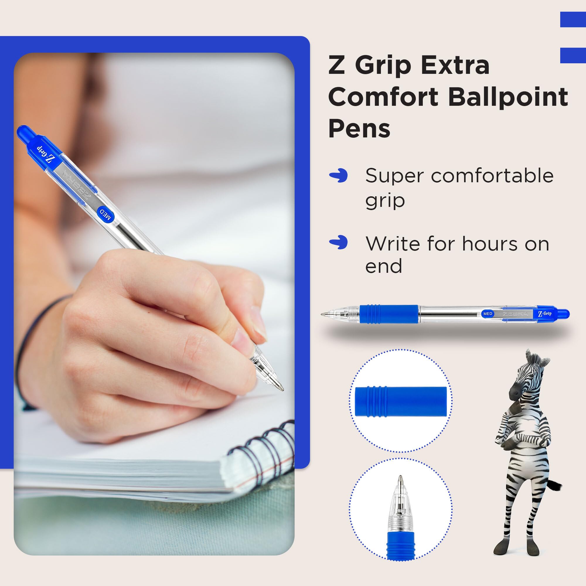 Zebra Pen Z Grip Retractable Ballpoint Pens - Blue Ink, Comfort Grip, Pocket Clip | 8 Pack 4